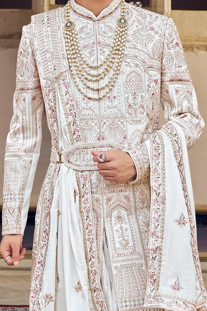 Ivory Raw Silk Sherwani with Thread and Hand Embroidery