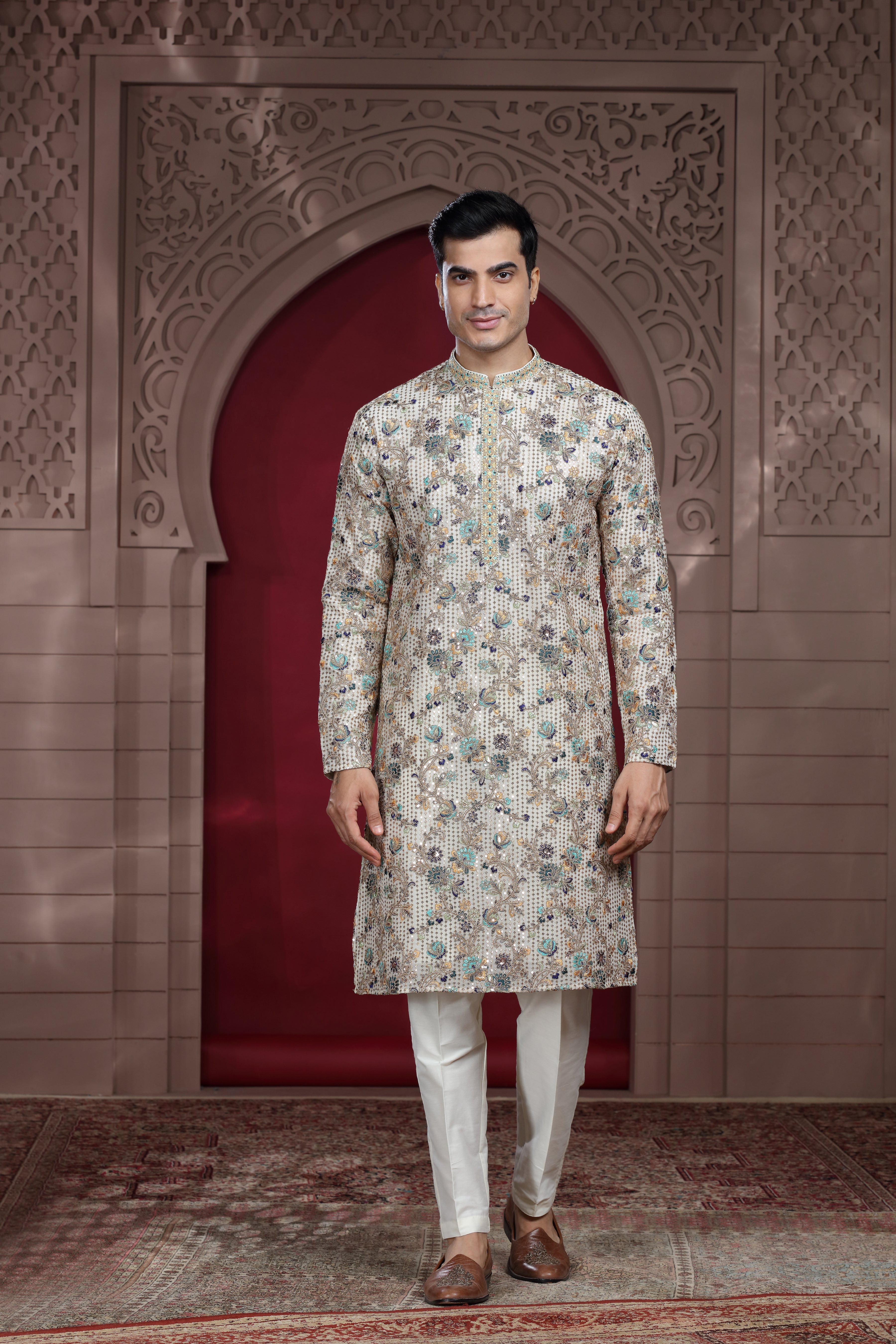 Off White Silk Kurta with Aari & Sequence Work