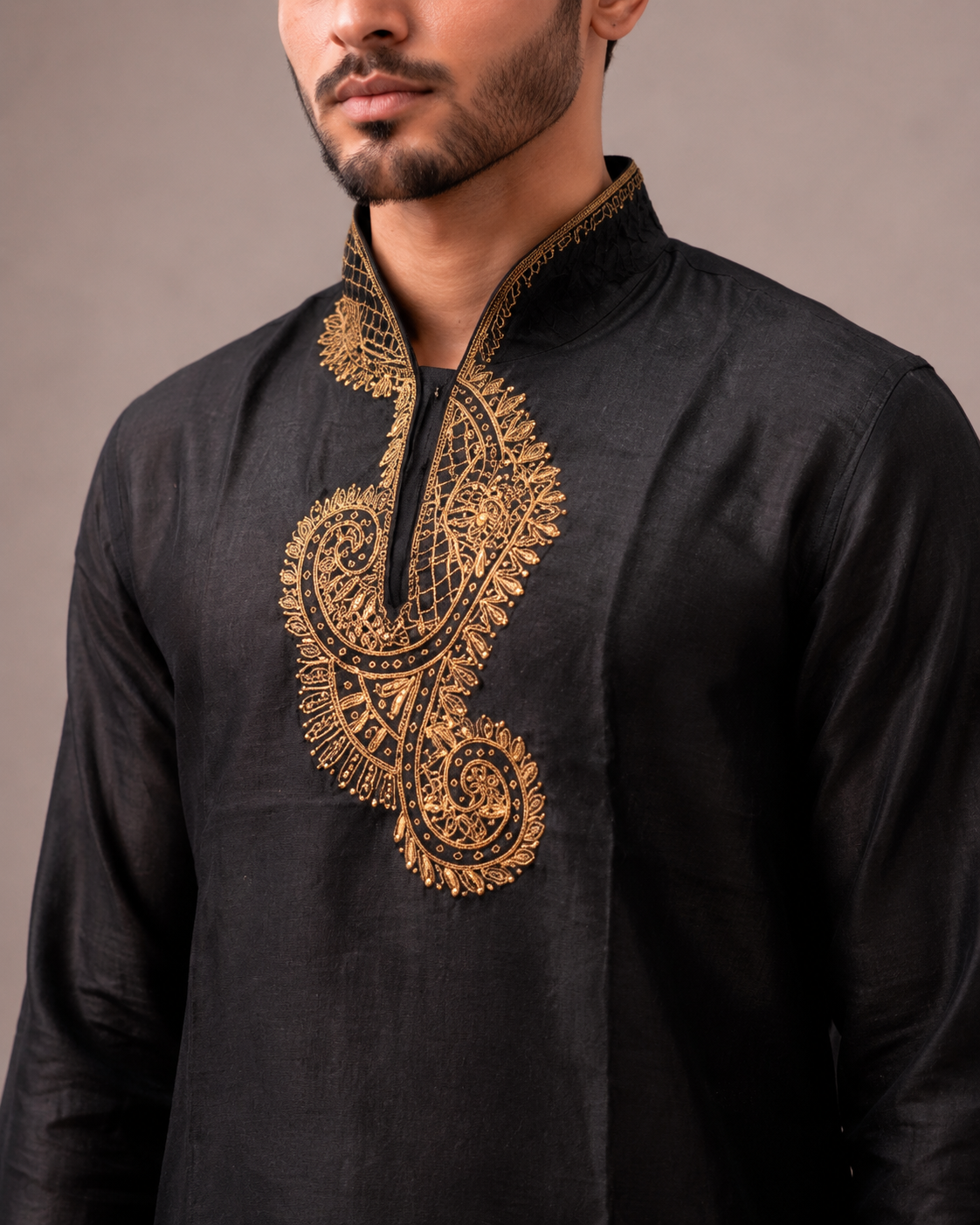 Black Linen Silk Kurta Top with Hand Work