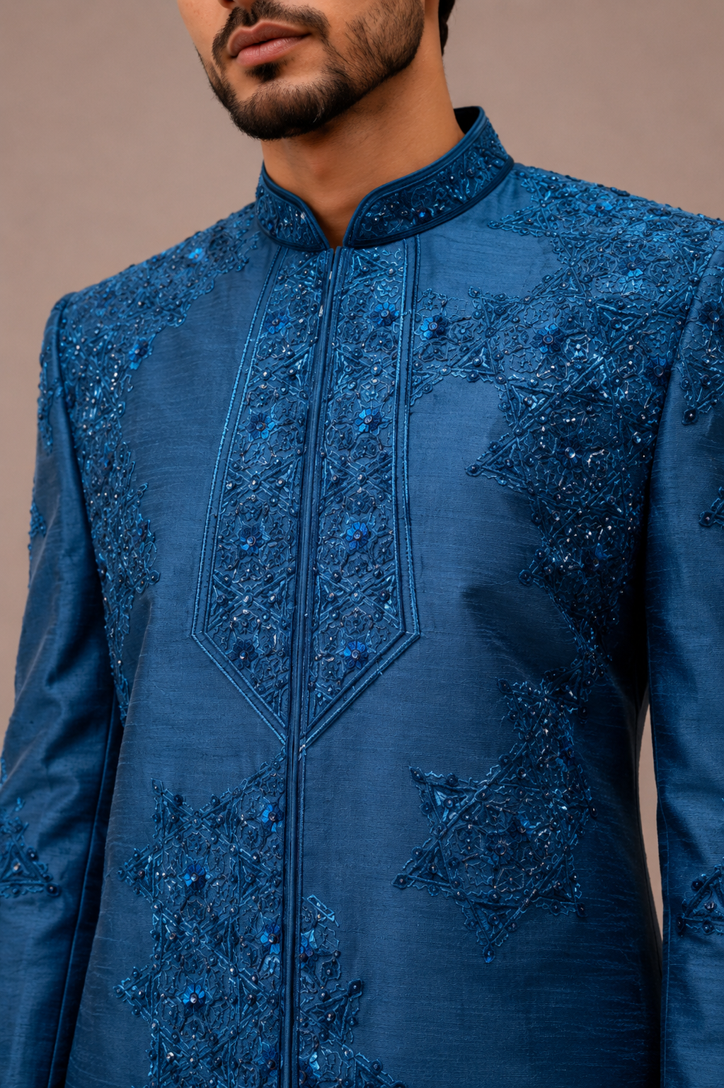 Aqua Banaglori Silk Indo Western for Men with Hand Work