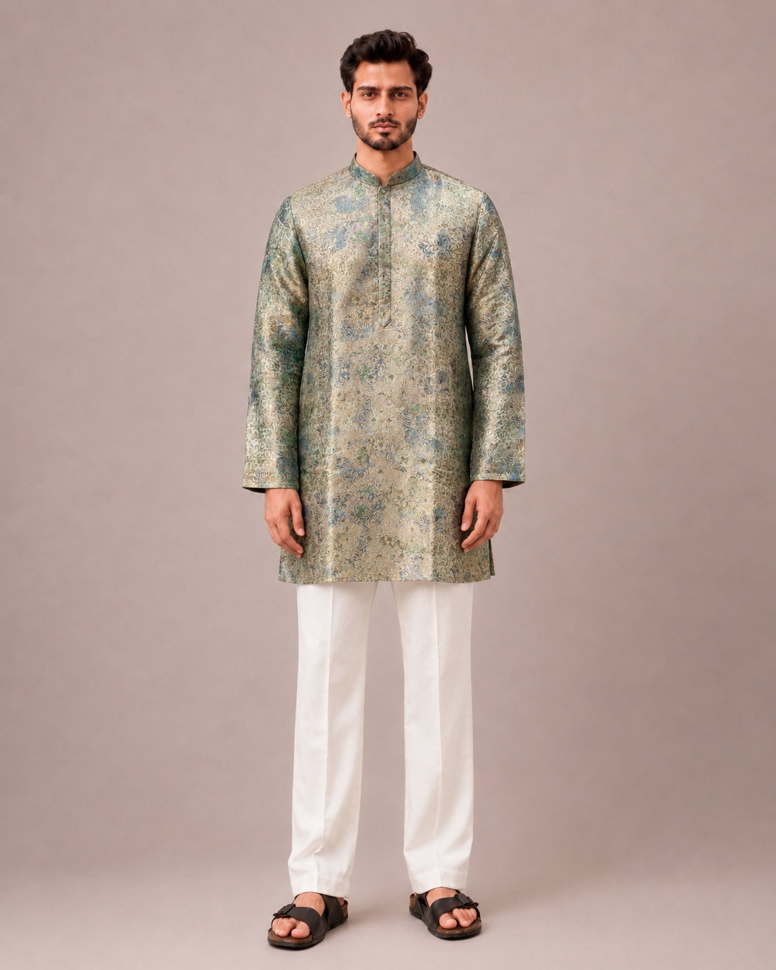 Aqua Brocade Print Kurta Set with Khab Fabric and Weave Work