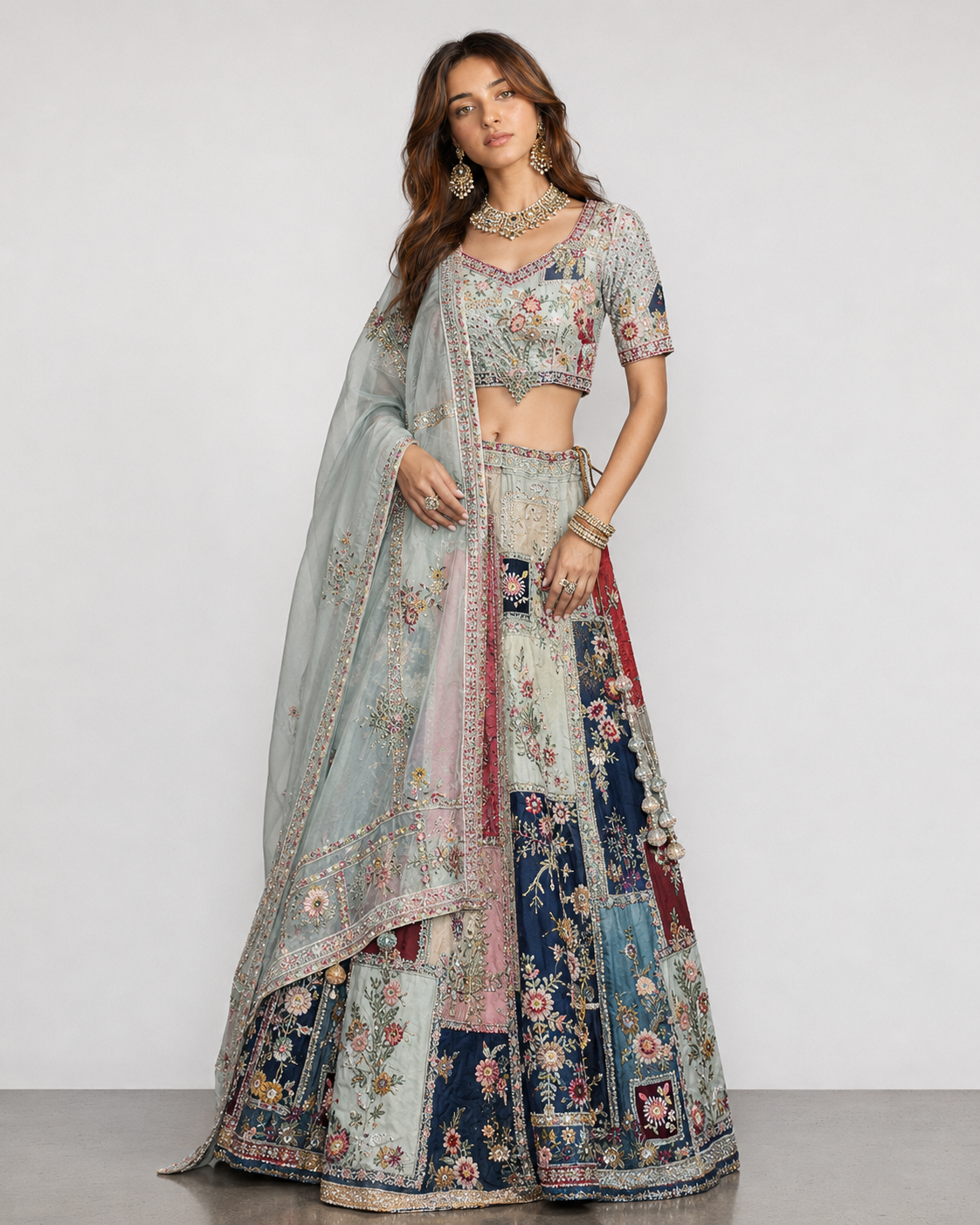 Aqua Raw Silk Lehenga Choli with Resham, Sicon and Moti Work