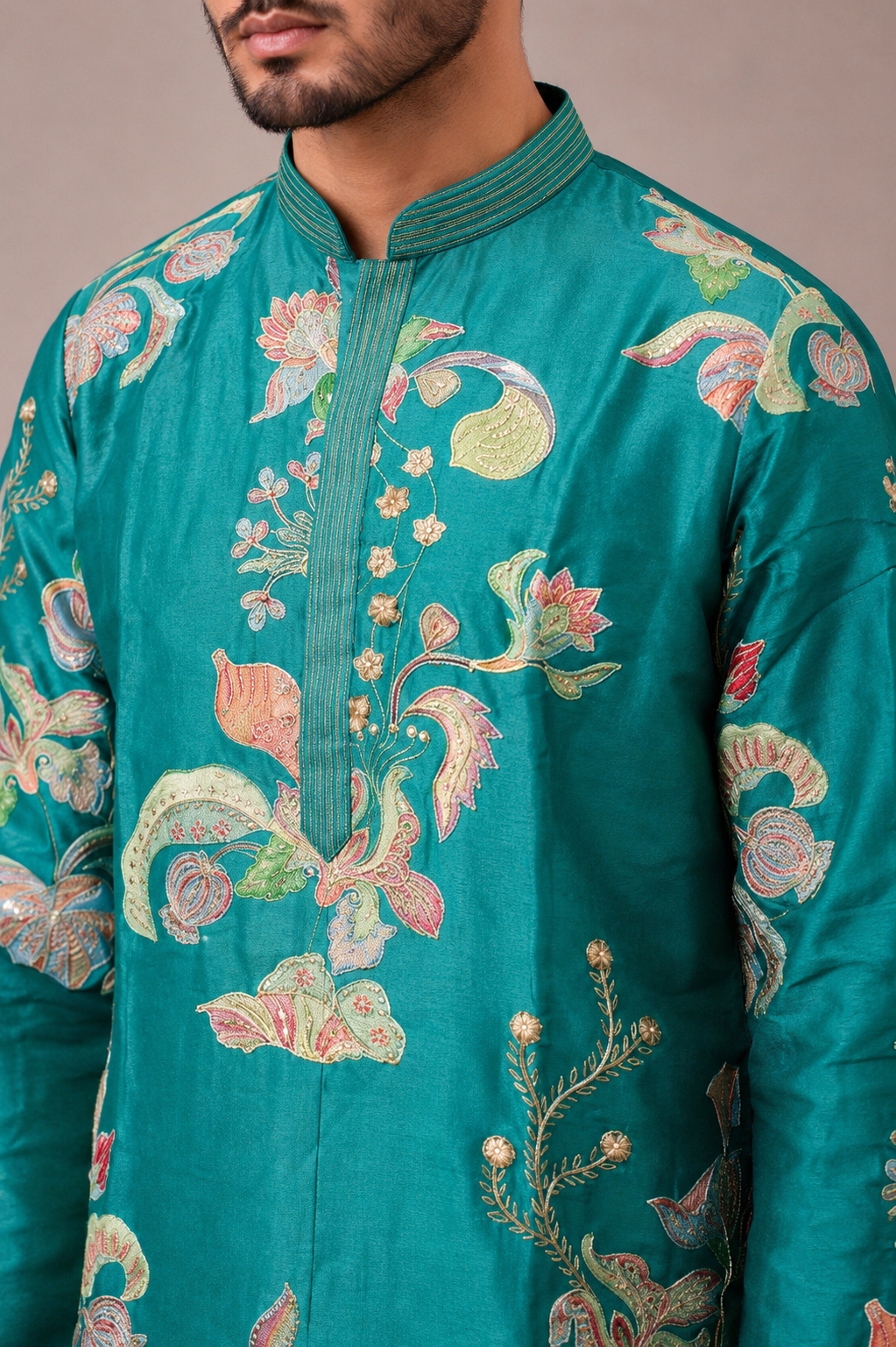 Aqua Silk Kurta Set for Men with Hand Work