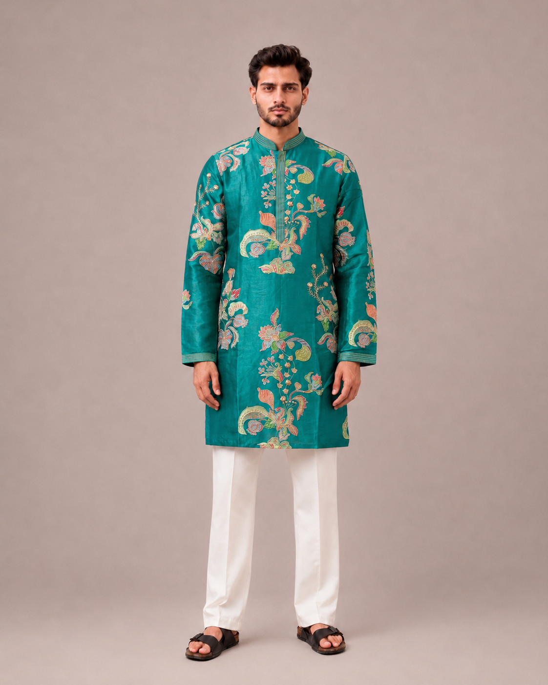 Aqua Silk Kurta Set for Men with Hand Work