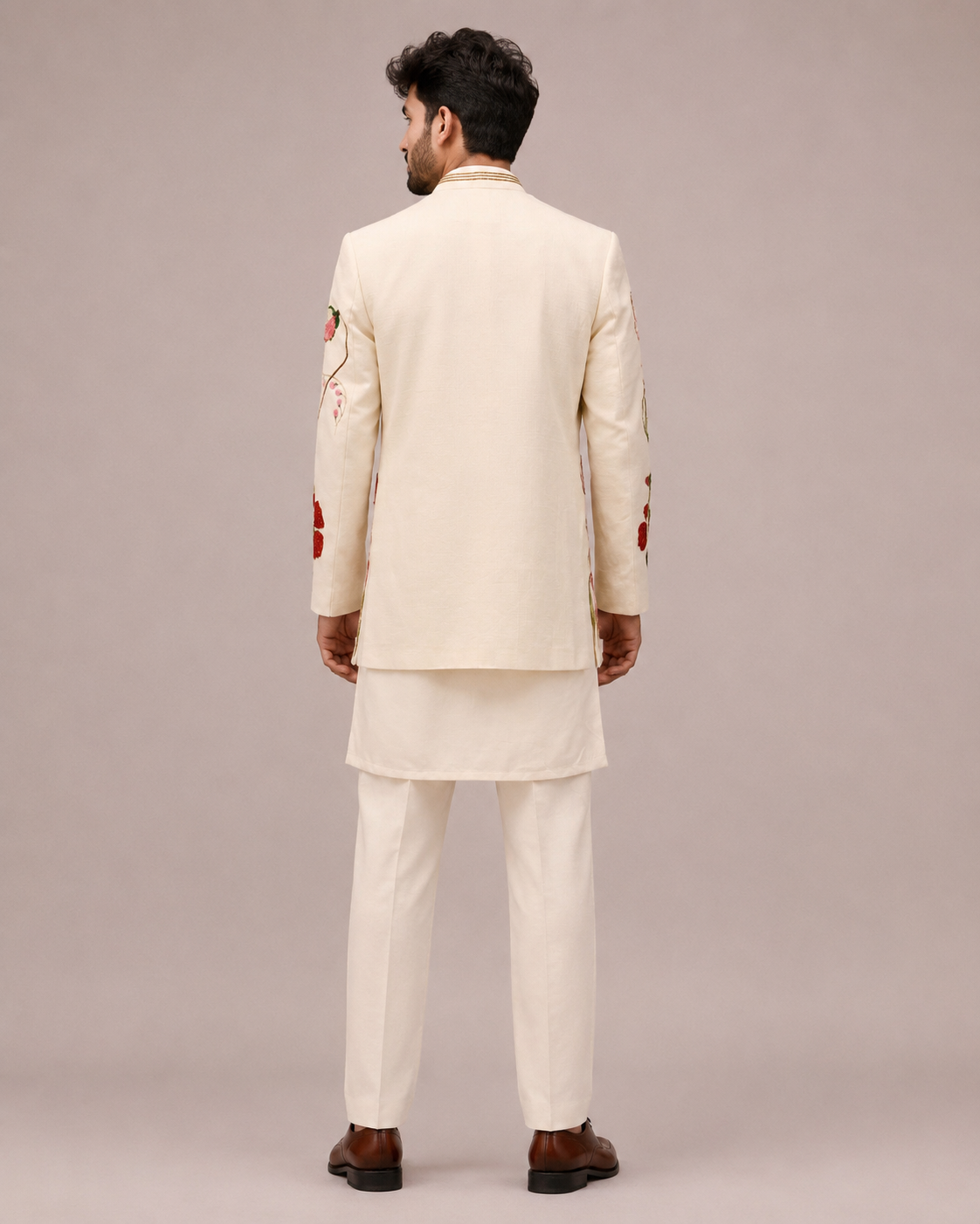Beige Art Silk Indo Western with Hand Print and Embroidery Work