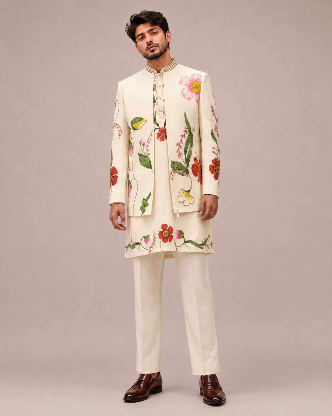 Beige Art Silk Indo Western with Hand Print and Embroidery Work