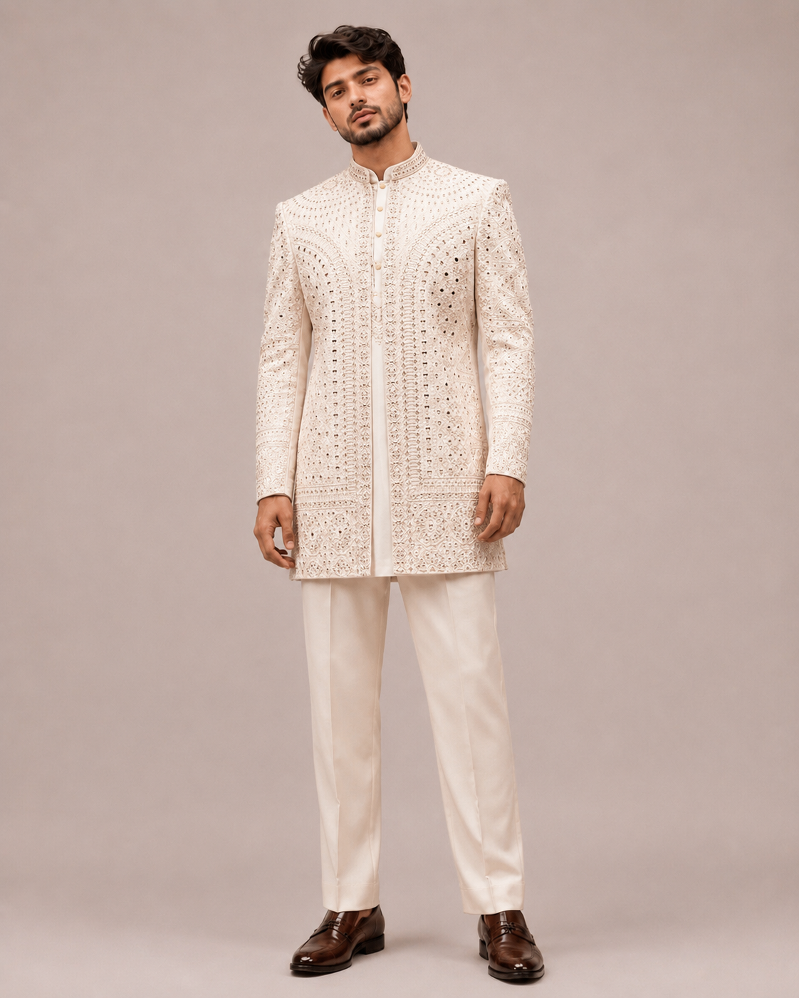 Beige Banaglori Silk Indo Western for Men with Mirror Work