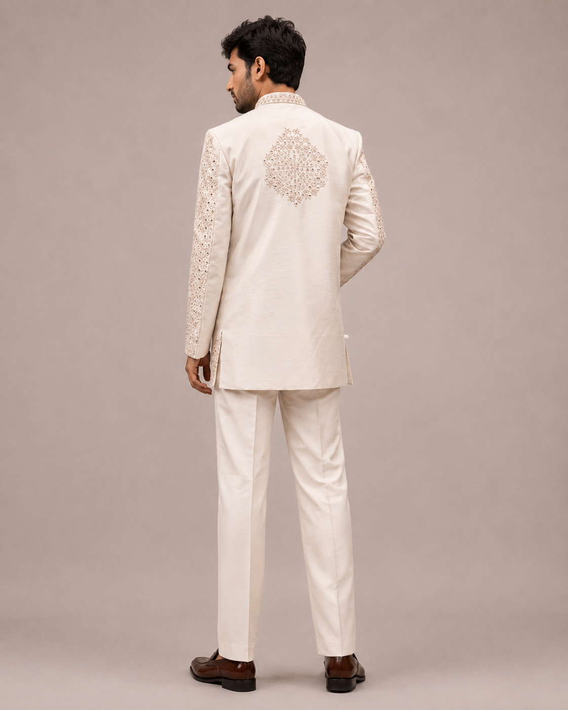 Beige Banaglori Silk Indo Western for Men with Mirror Work