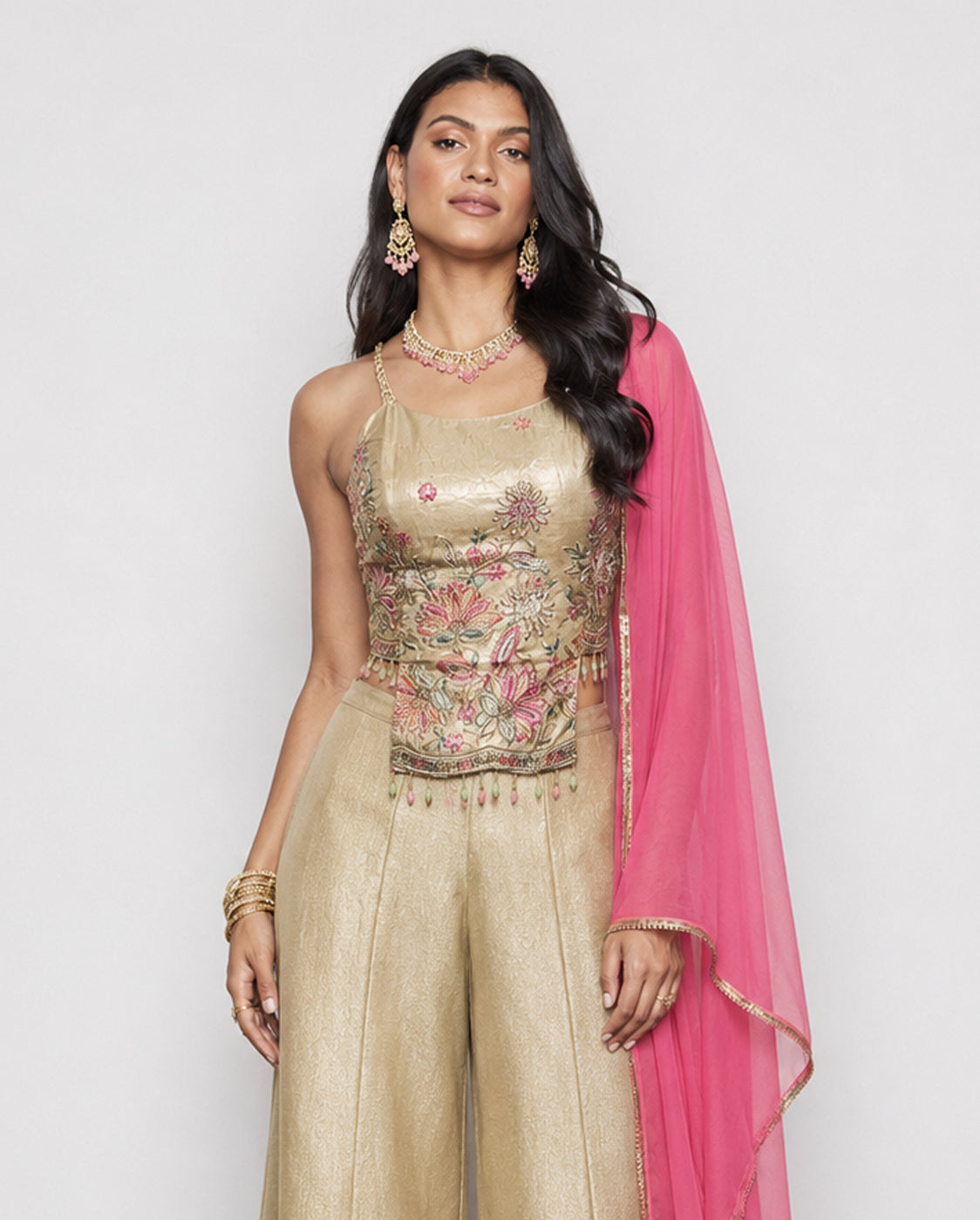 Beige Crush Fabric Indo Western with Resham Embroidery Work