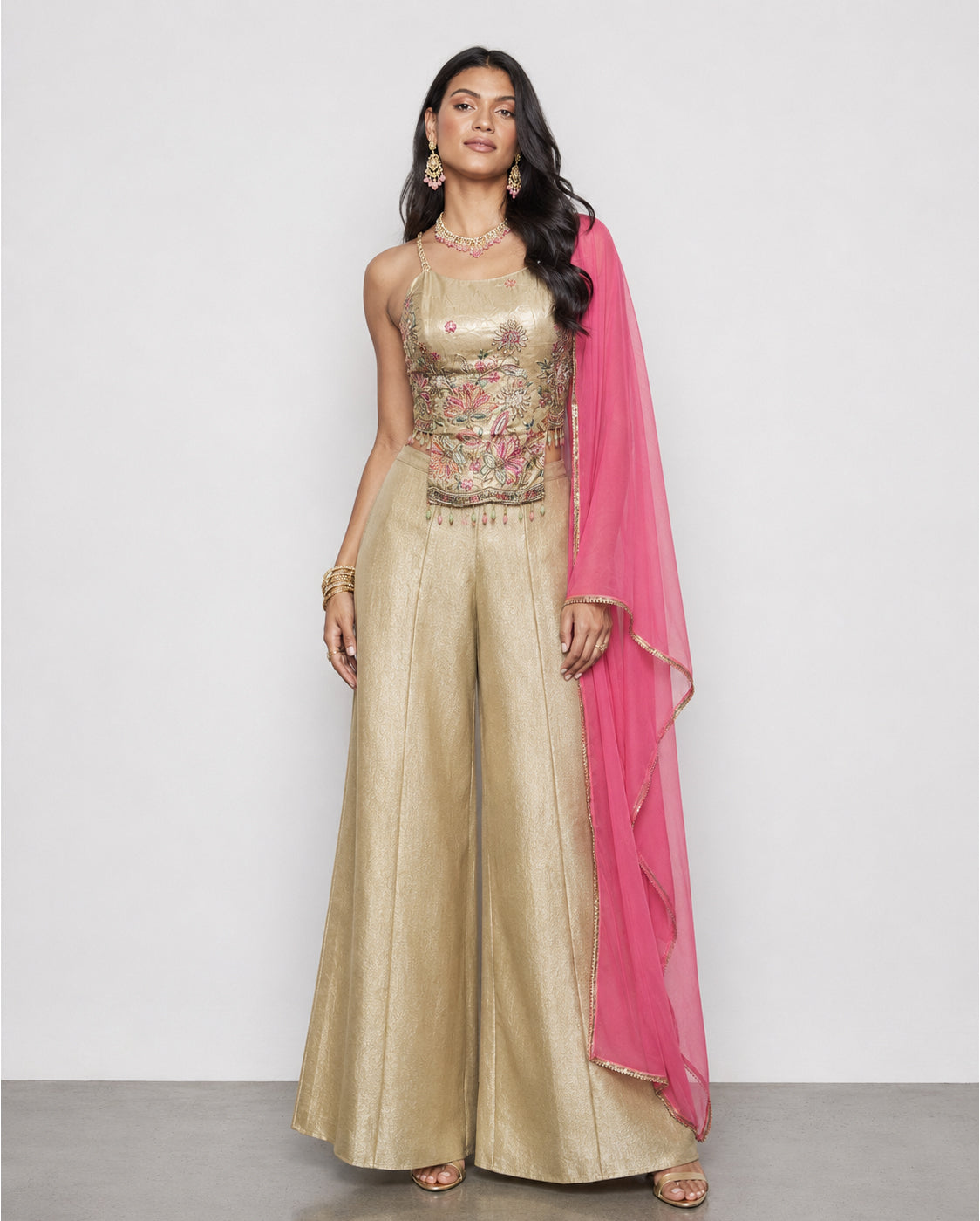 Beige Crush Fabric Indo Western with Resham Embroidery Work