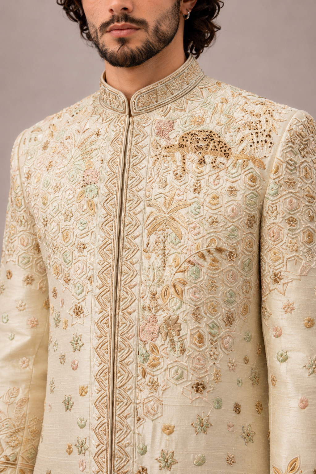 Beige Matka Silk Sherwani with Hand Work