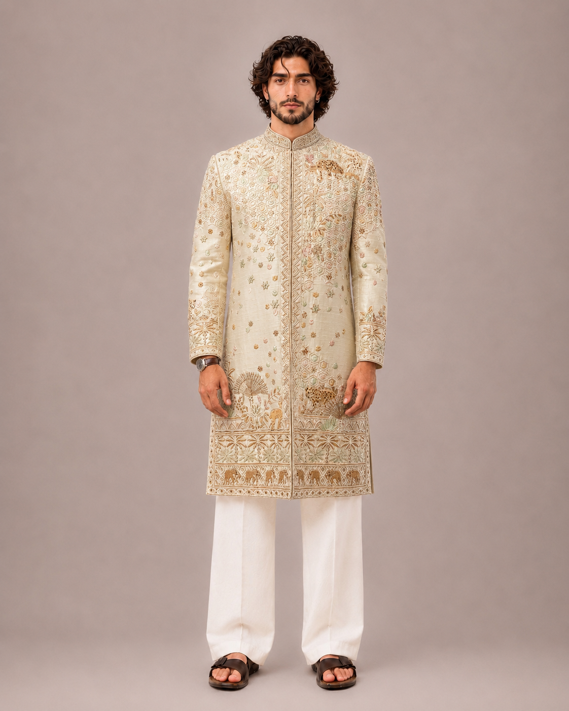 Beige Matka Silk Sherwani with Hand Work