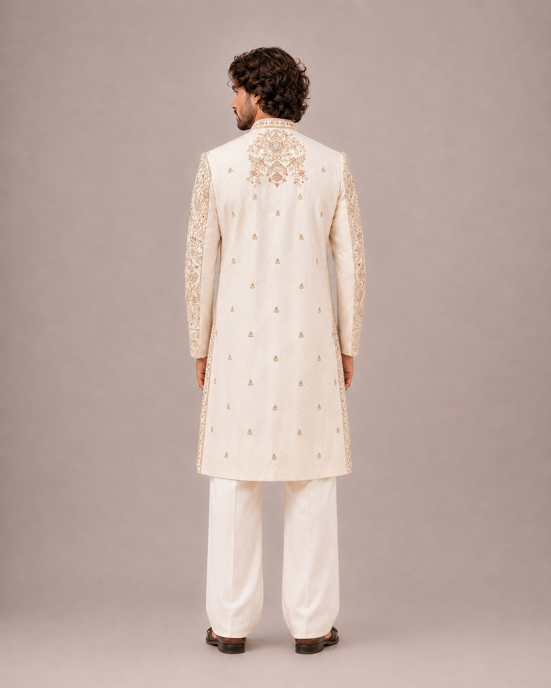 Beige Raw Silk Sherwani with Embroidery & Mirror Work 