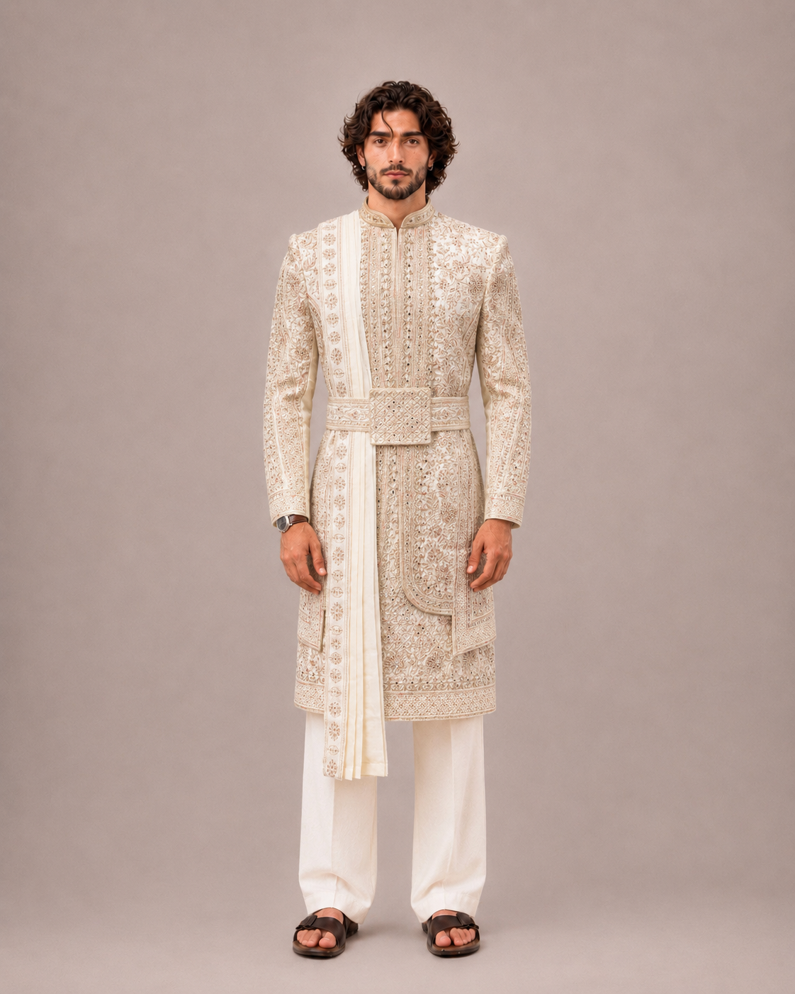 Beige Raw Silk Sherwani with Embroidery & Mirror Work 