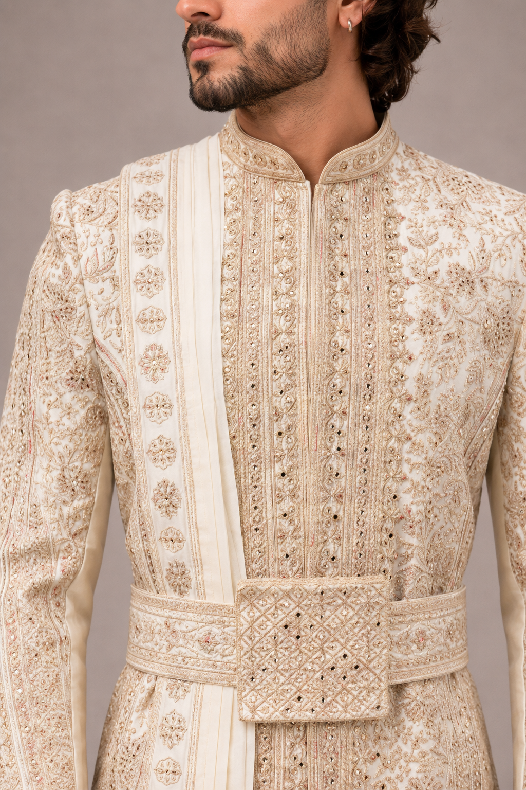 Beige Raw Silk Sherwani with Embroidery & Mirror Work 