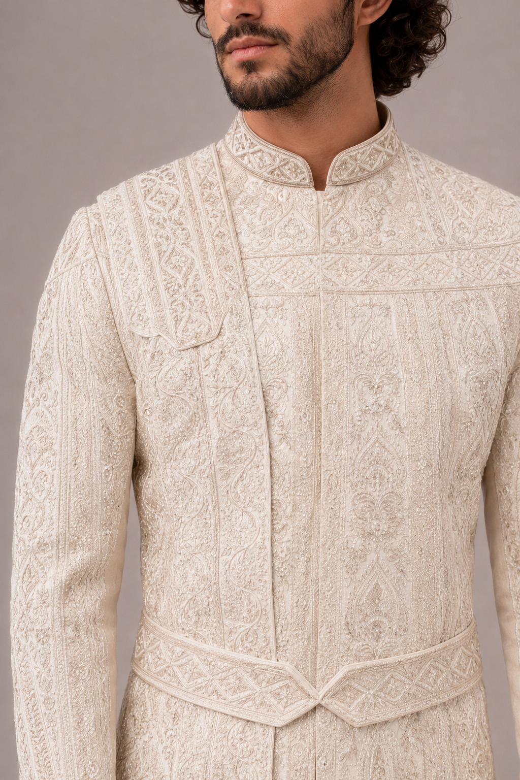  Beige Raw Silk Wedding Sherwani with Hand Embroidery Work
