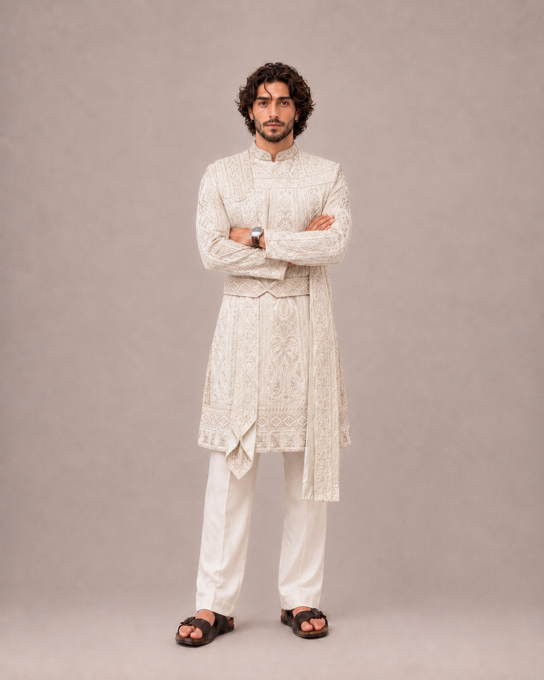  Beige Raw Silk Wedding Sherwani with Hand Embroidery Work
