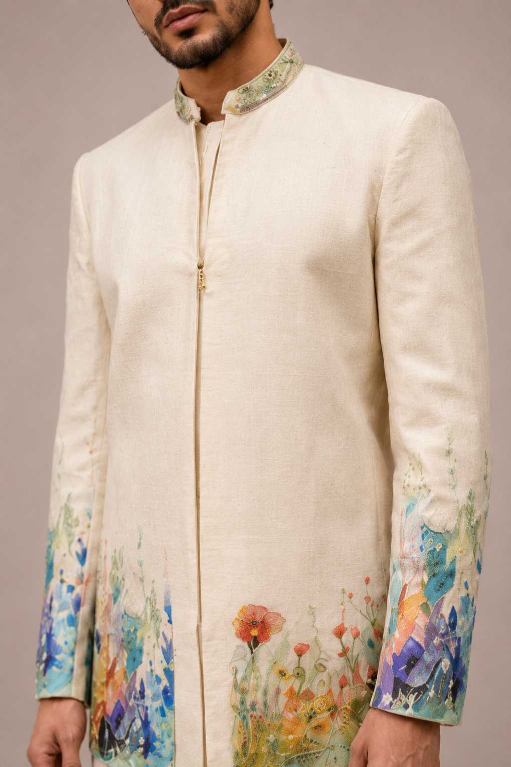 Beige Silk Indo Western for Men with Pichwai Print Work