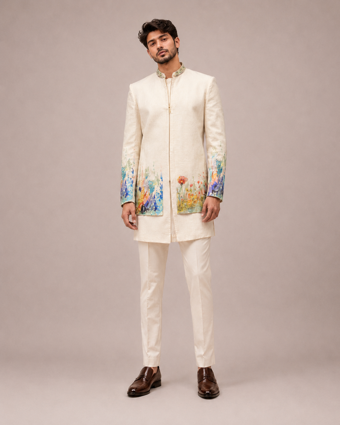Beige Silk Indo Western for Men with Pichwai Print Work
