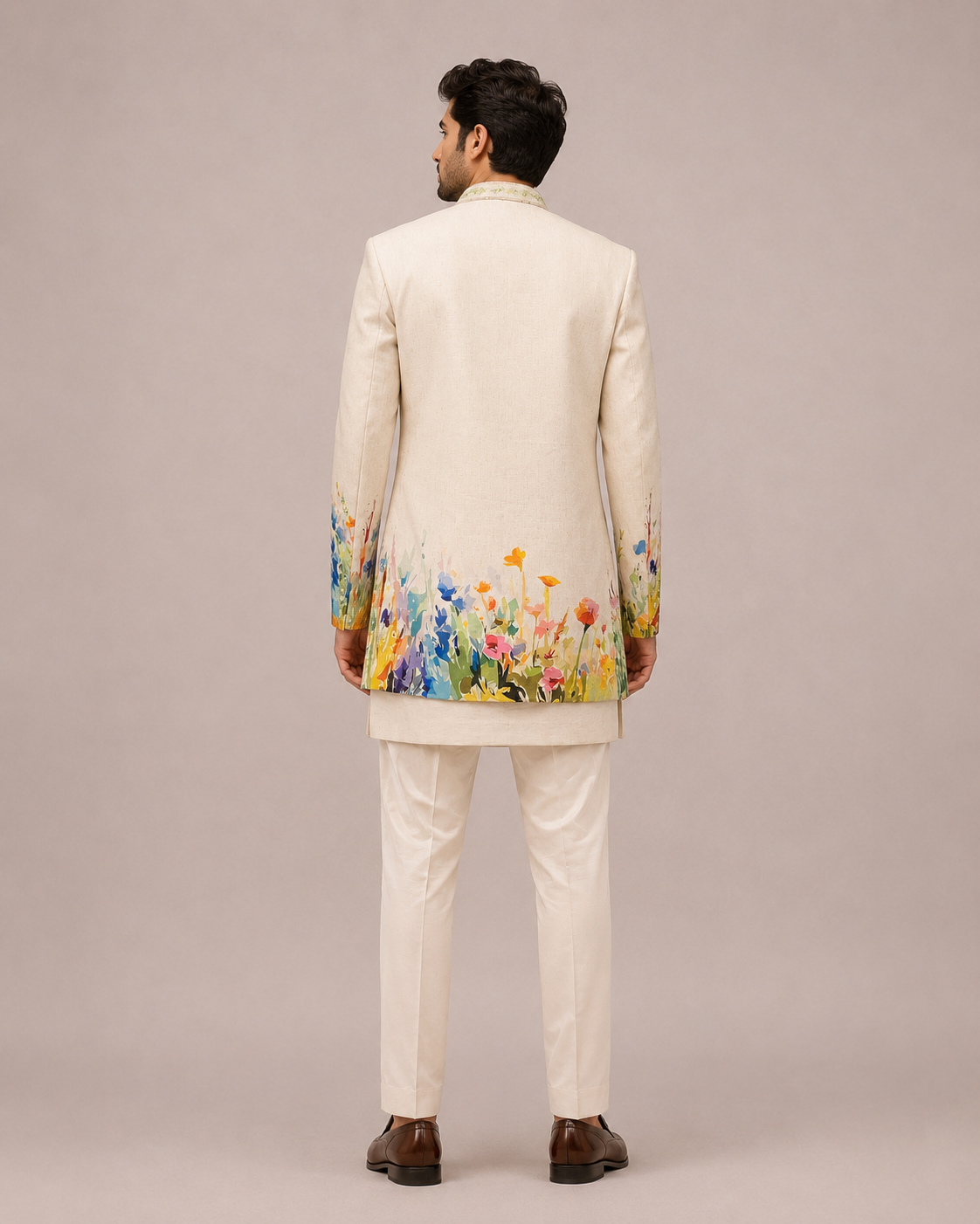 Beige Silk Indo Western for Men with Pichwai Print Work
