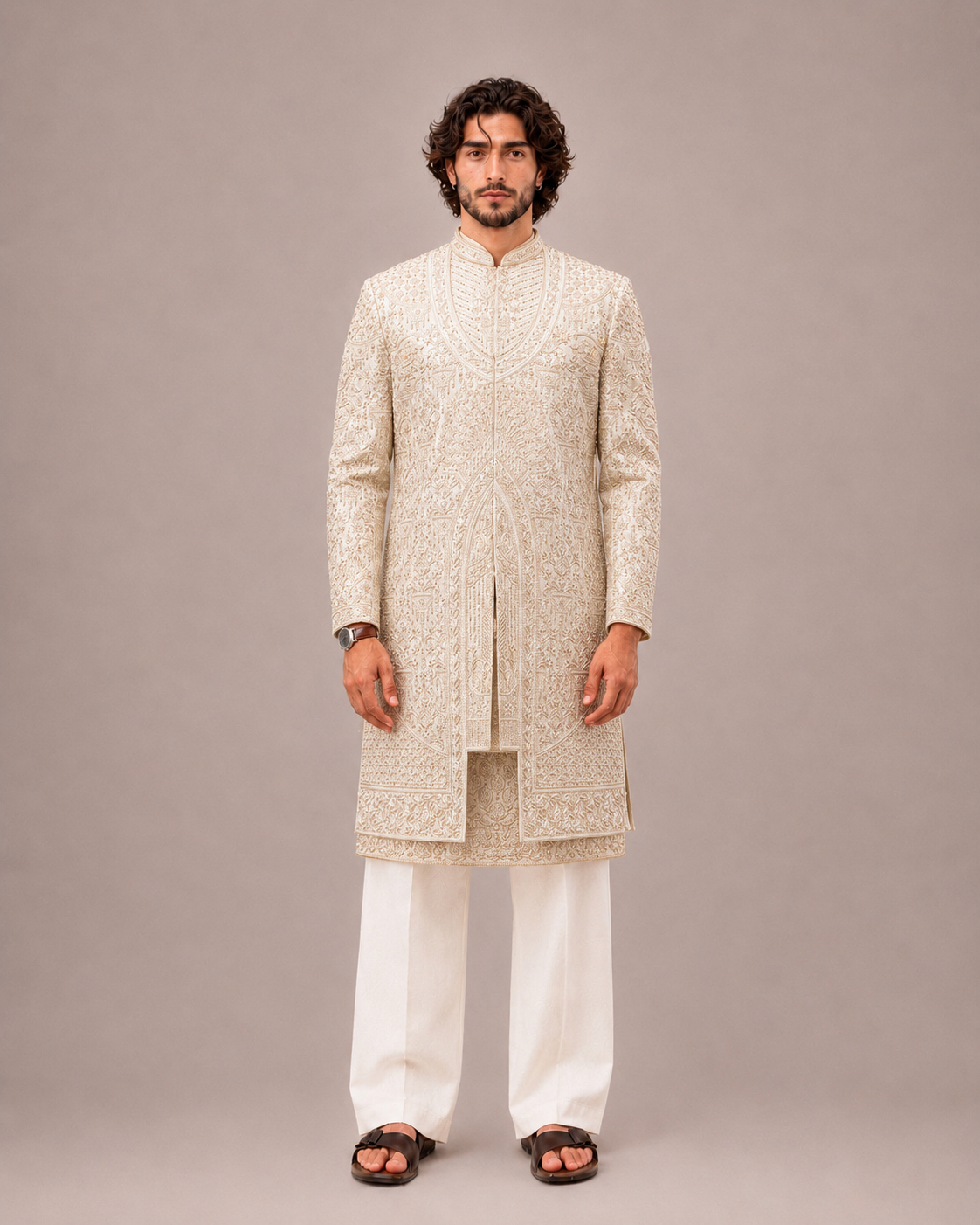 Beige Silk Sherwani with Dupatta with Machine and Hand Work