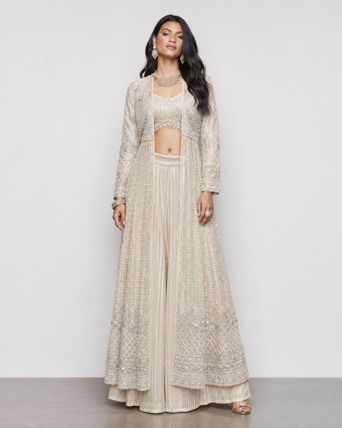 Biscuit Organza Silk Indo Western with Pearl Moti Sequence and Organza Work