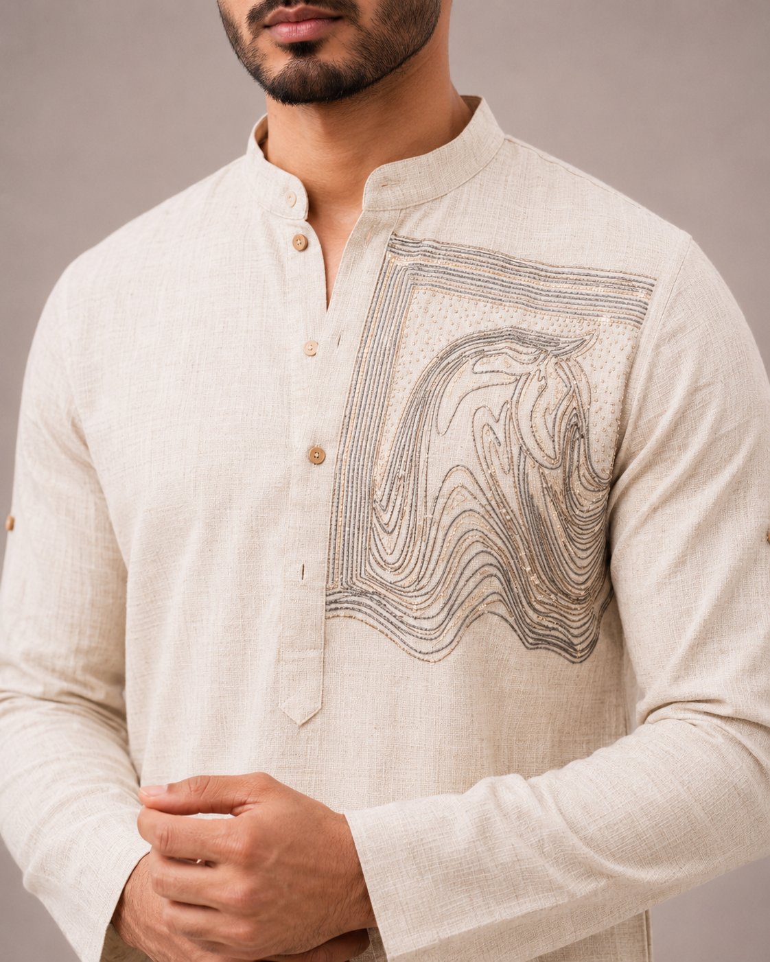 Biscuit Linen Fabric Kurta Set with Hand Diamond Work