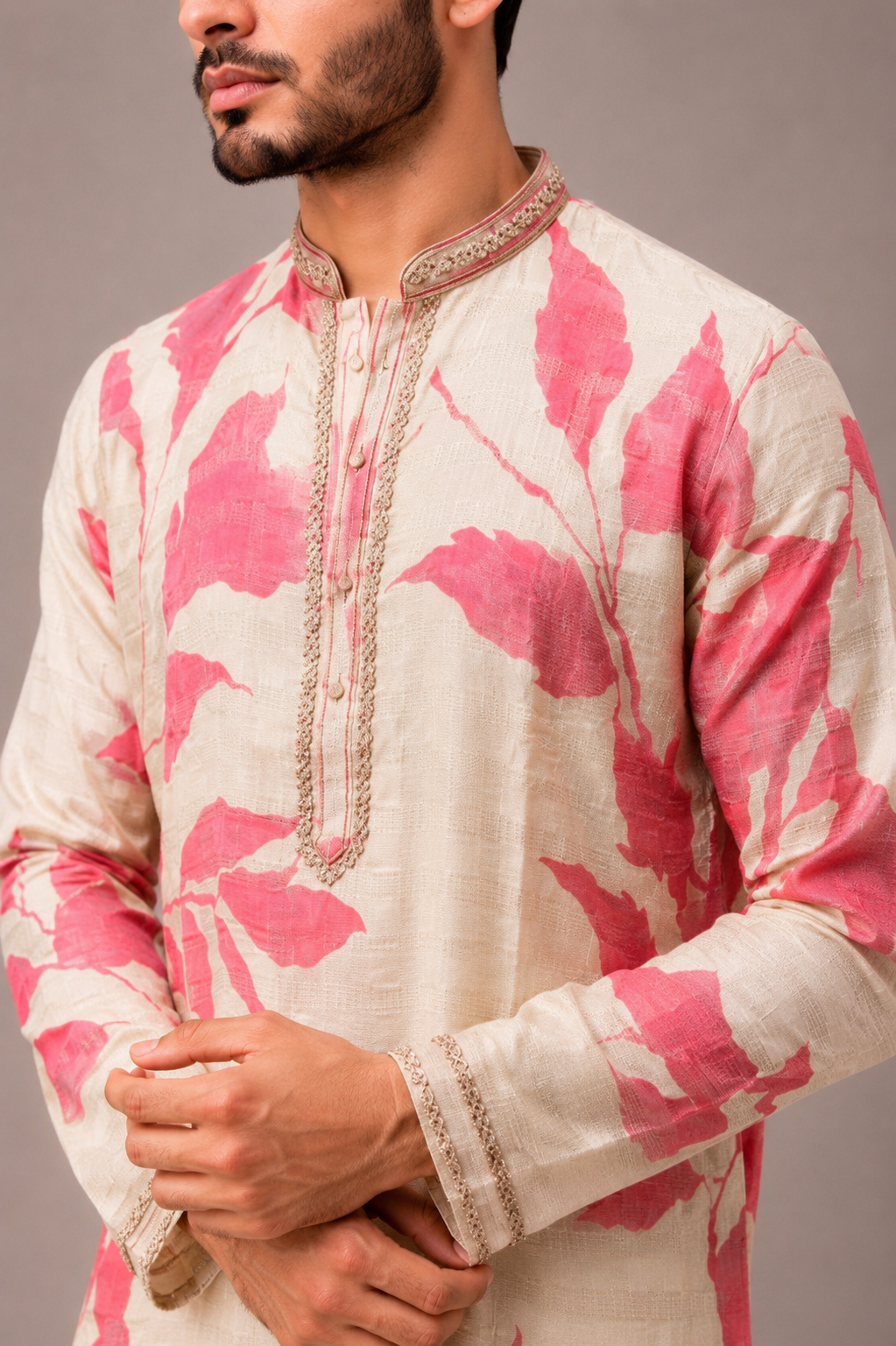 Biscuit Linen Kurta Set with Print and Bead Work