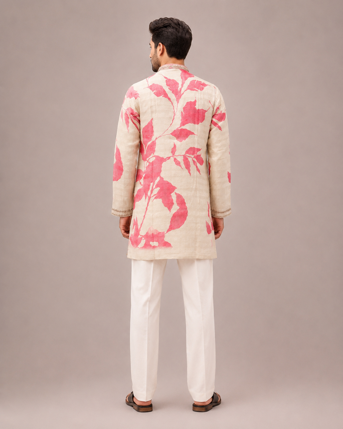 Biscuit Linen Kurta Set with Print and Bead Work