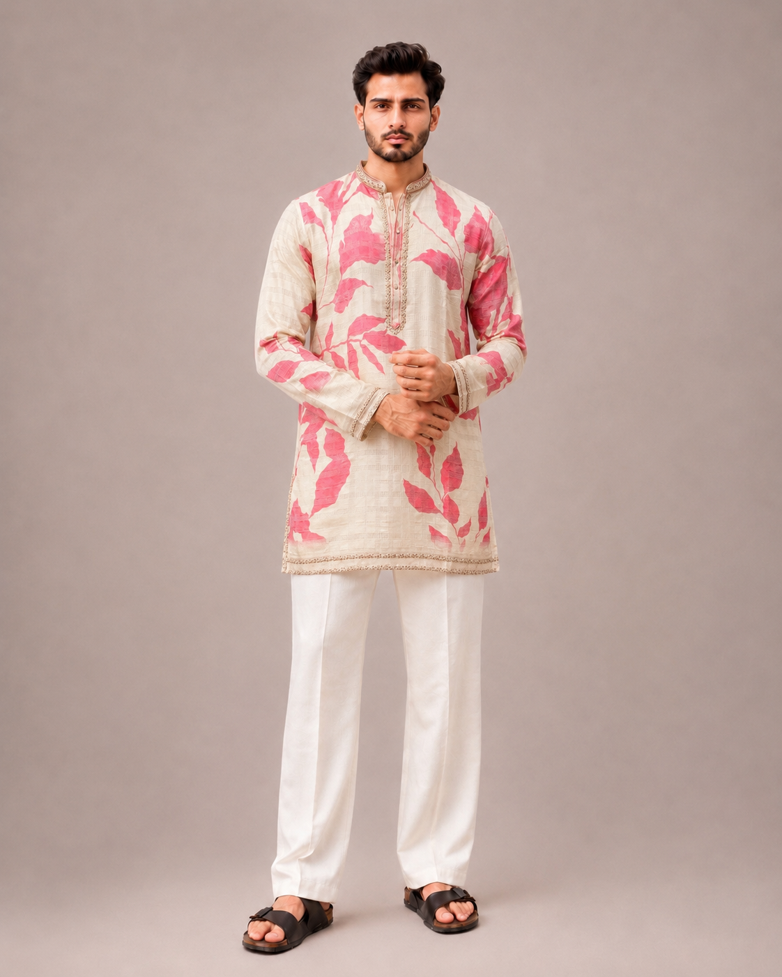 Biscuit Linen Kurta Set with Print and Bead Work