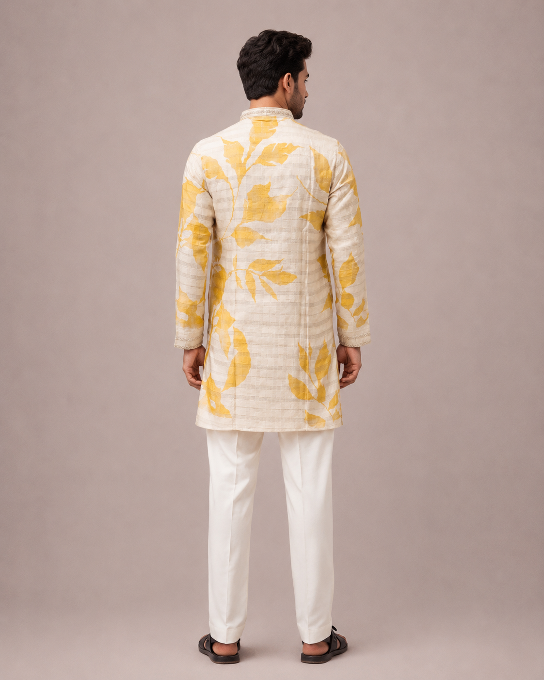 Biscuit Linen Yellow Kurta Set with Print and Bead Work