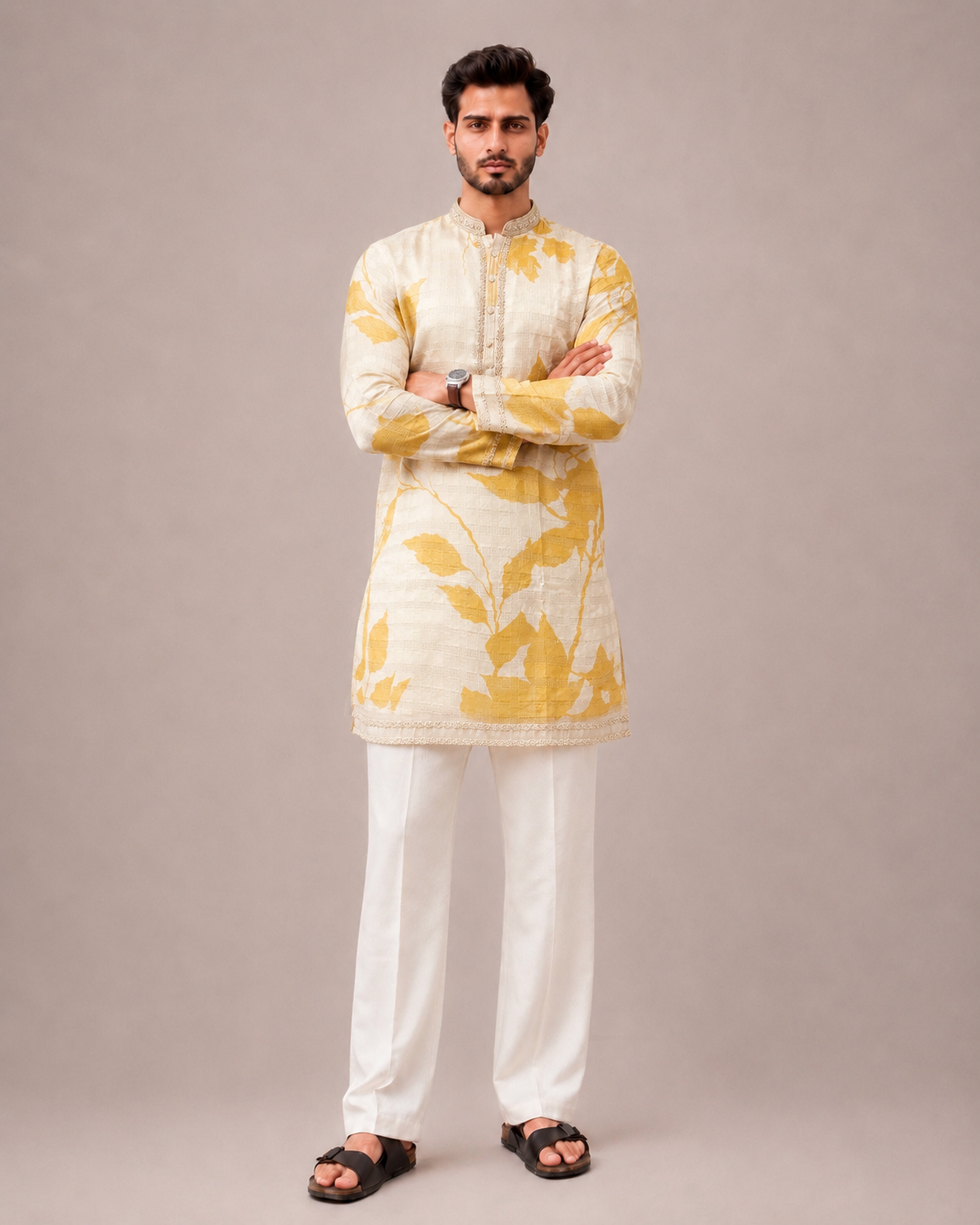 Biscuit Linen Yellow Kurta Set with Print and Bead Work