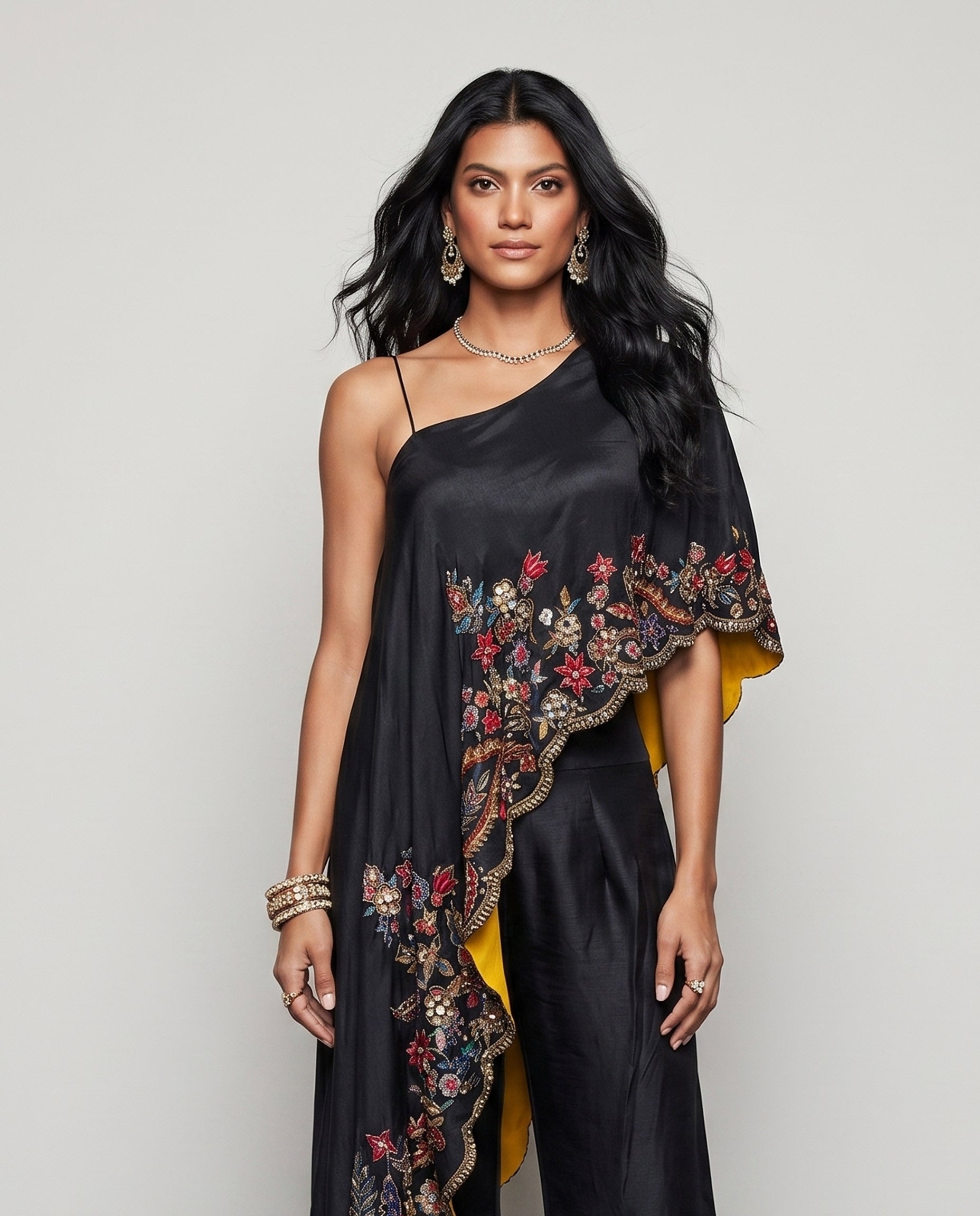 Black Soft Silk Indo Western with Copper Resham Sequence and Hand Work