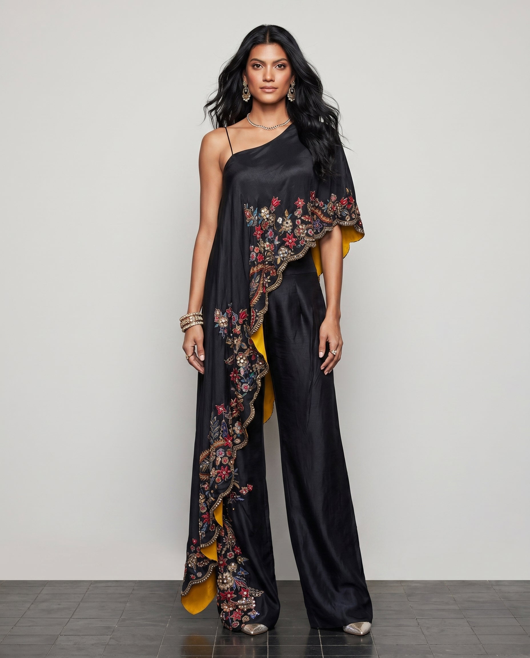Black Soft Silk Indo Western with Copper Resham Sequence and Hand Work