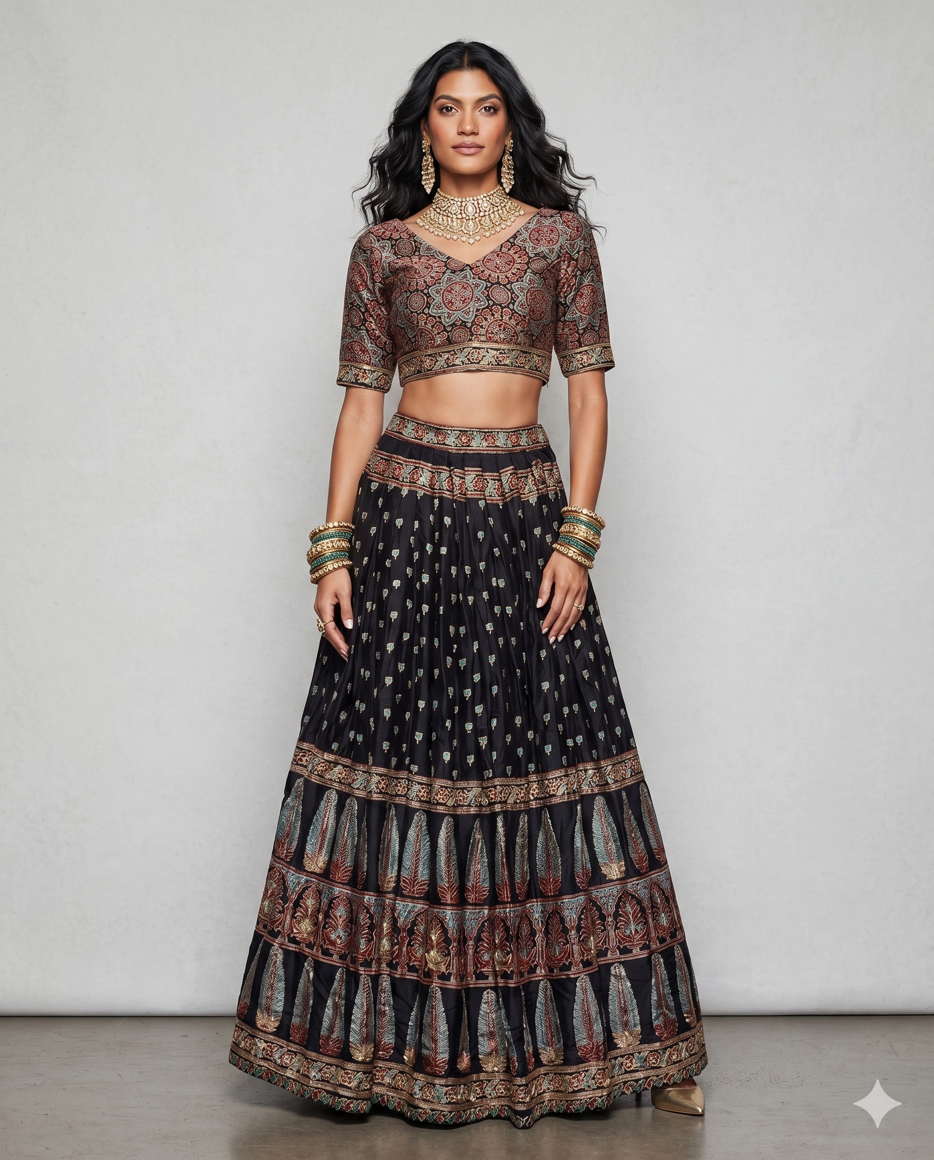 Black Ajrak Silk Lehenga Choli with Ajrak Print and Kashab Work