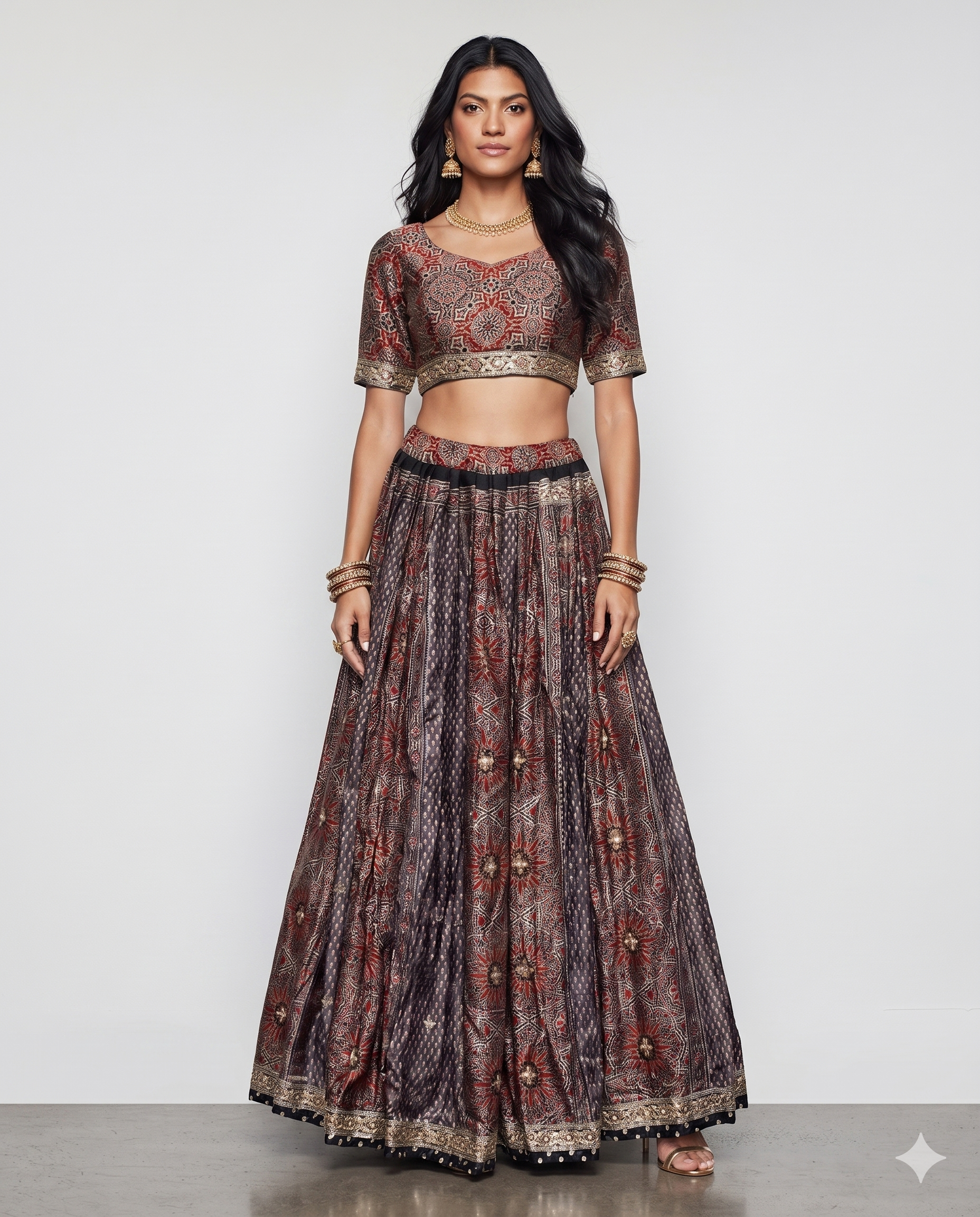 Black Ajrak Silk Lehenga Choli with Ajrak Print and Kashab Work