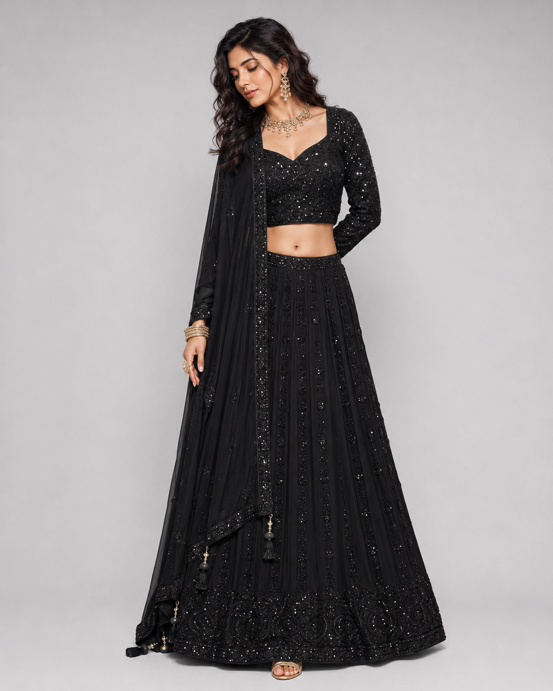 Black Georgette Silk Chaniya Choli with All Over Sicon, Kardana and Resham Work