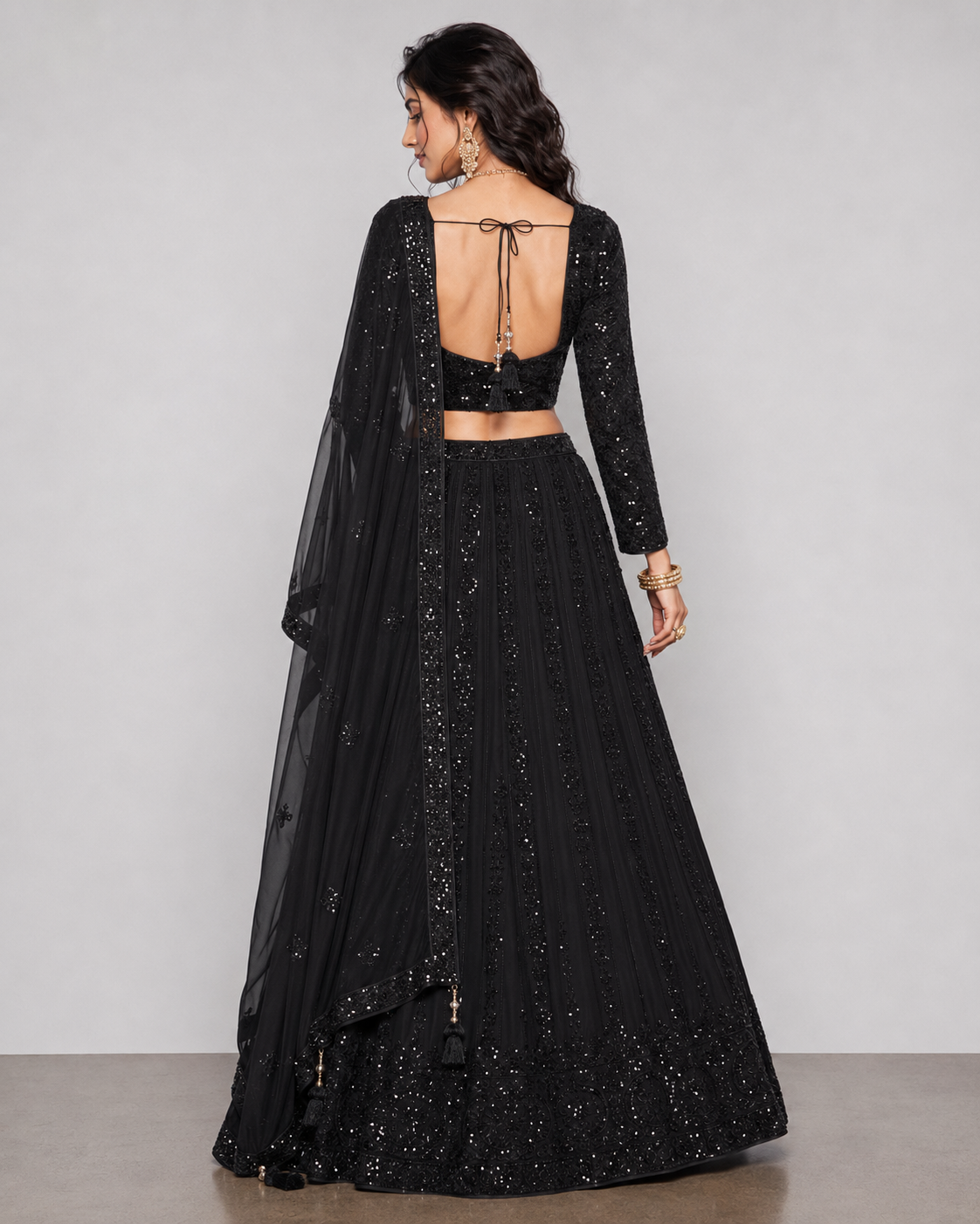 Black Georgette Silk Chaniya Choli with All Over Sicon, Kardana and Resham Work