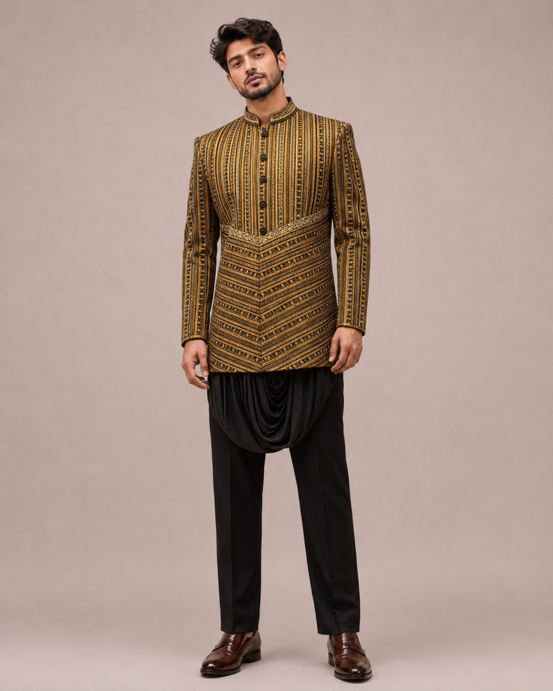 Black Gold Satin Silk Indo Western for Men with Drape Kurta and Embroidery Work