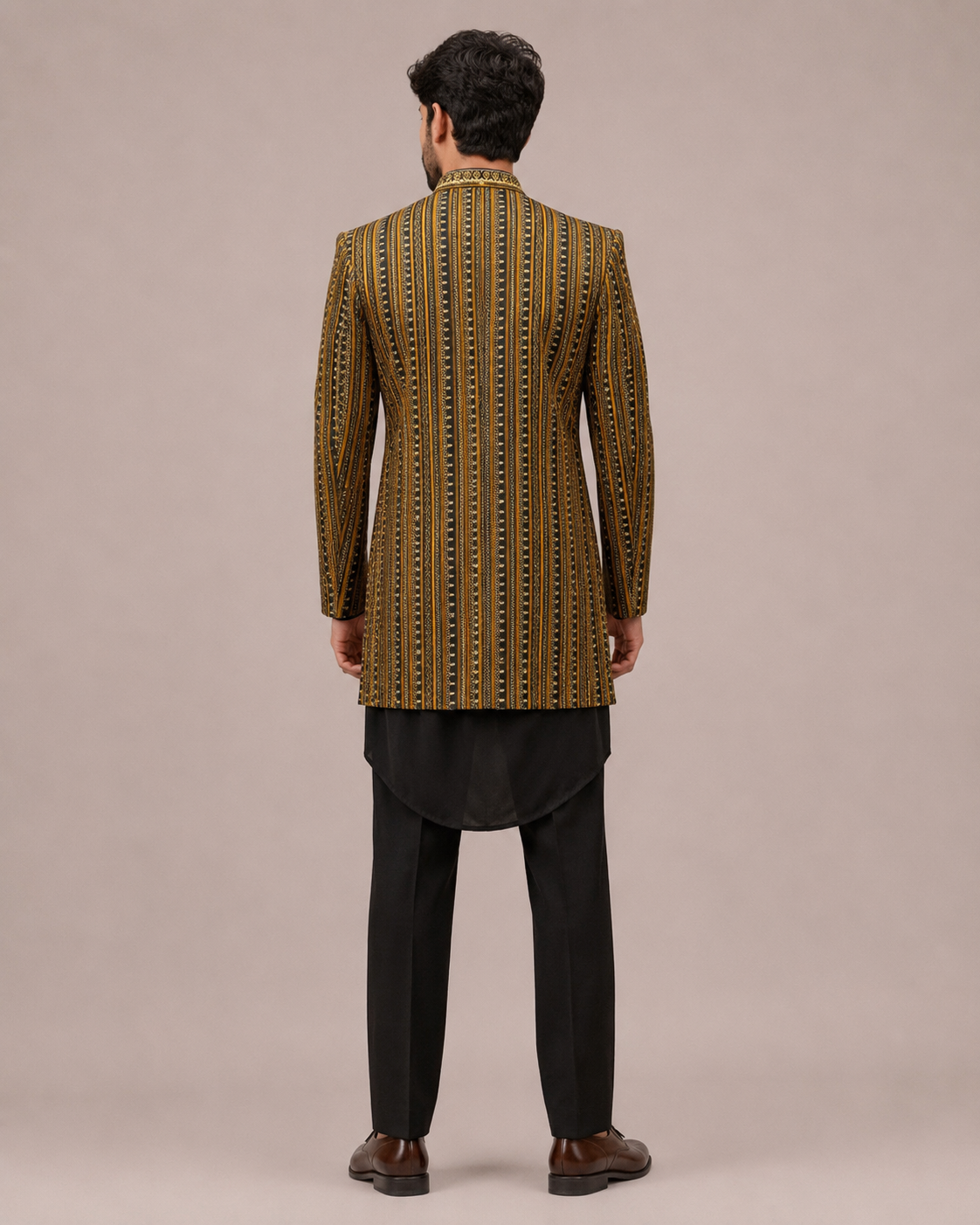 Black Gold Satin Silk Indo Western for Men with Drape Kurta and Embroidery Work