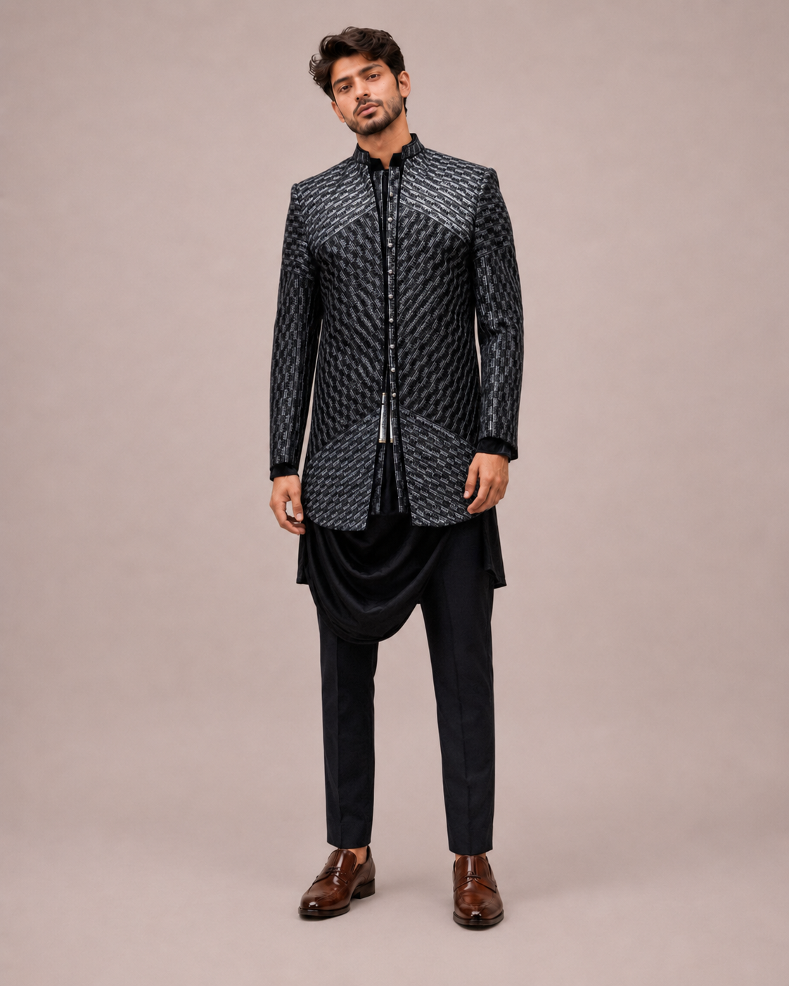 Black Imported Fabric Indo Western for Men with Computer Work