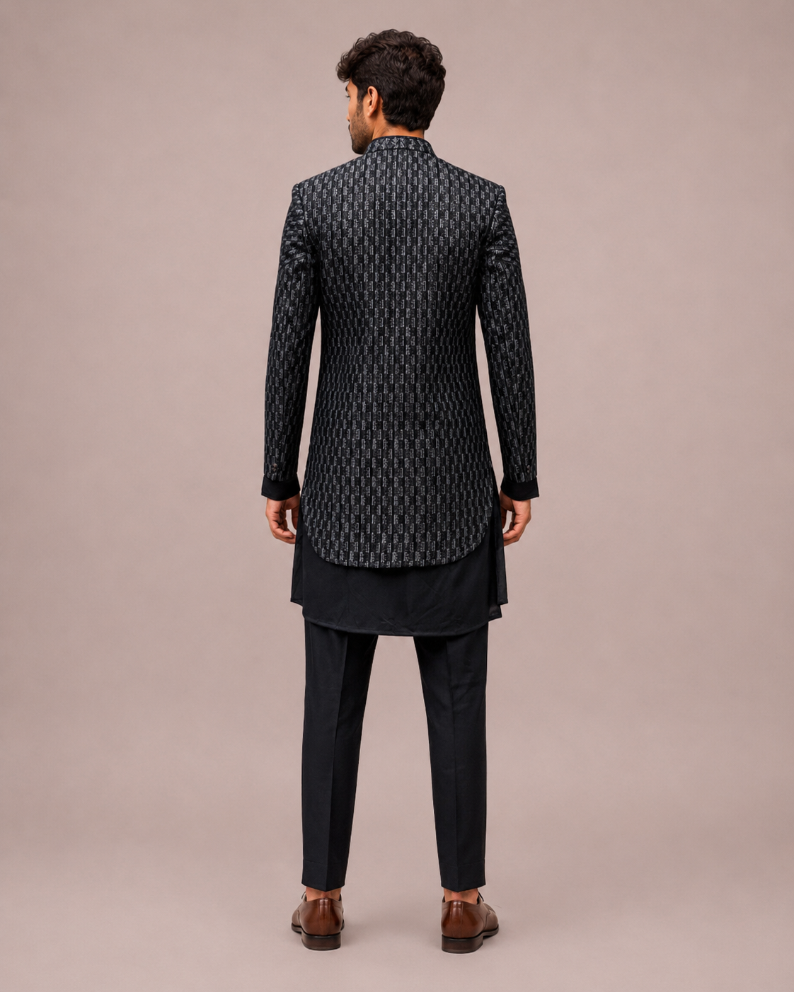 Black Imported Fabric Indo Western for Men with Computer Work