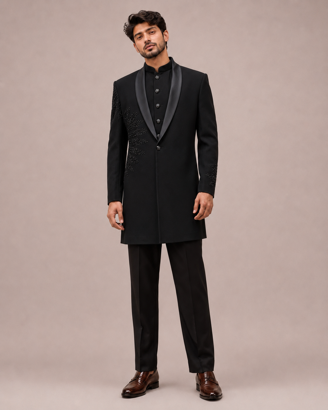 Black Imported Fabric Indo Western for Men with Koti Silk and Hand Embroidery Work