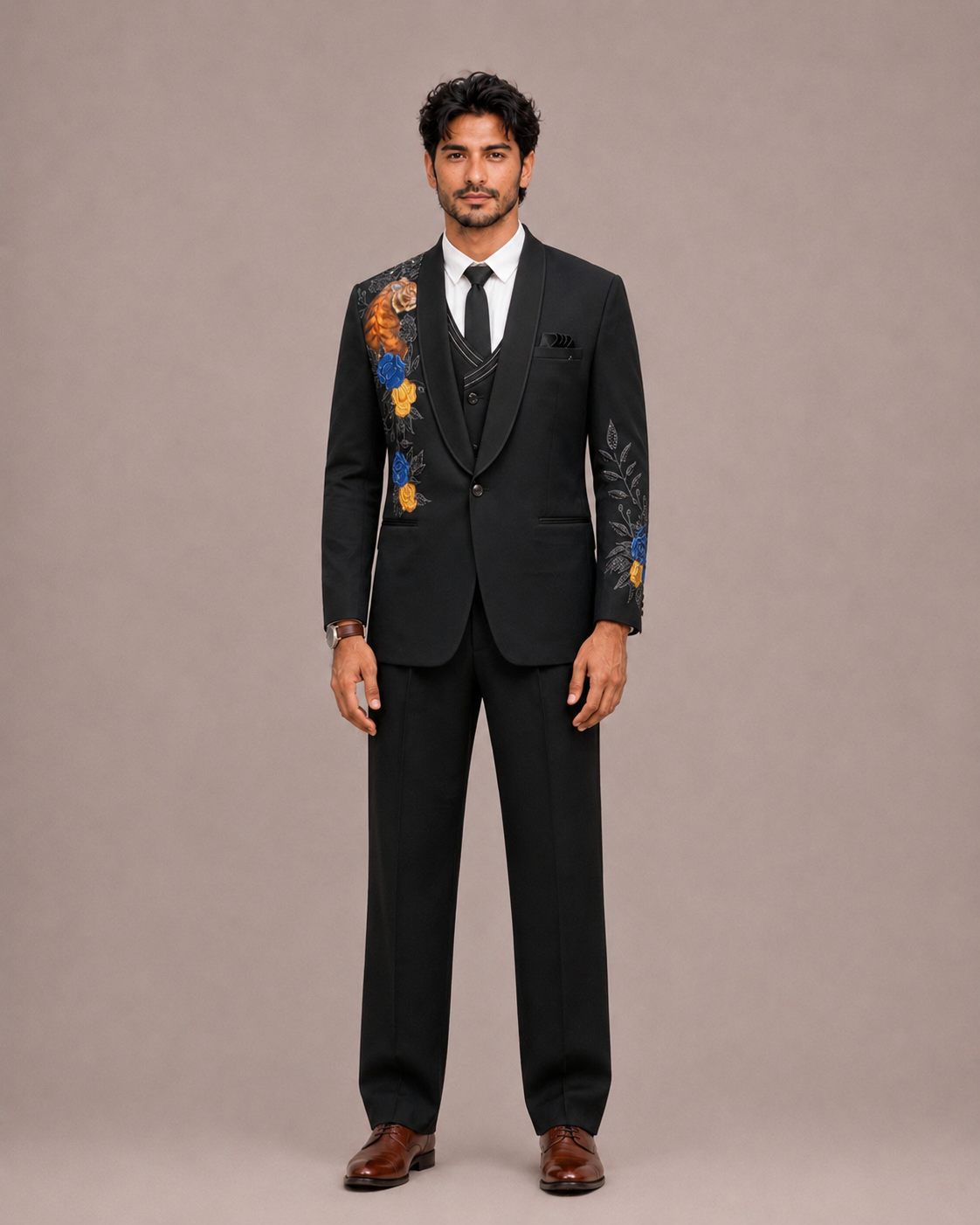 Black Micro Velvet Tuxedo Suit with Hand Work