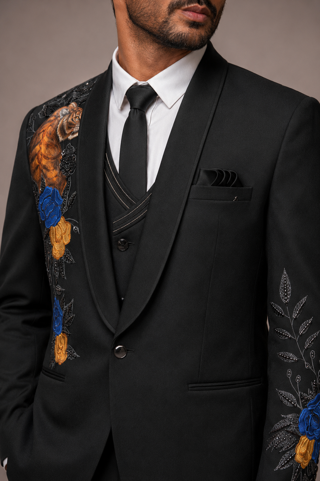 Black Micro Velvet Tuxedo Suit with Hand Work