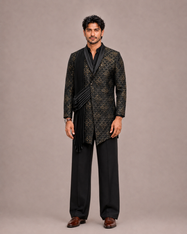 Black Satin Silk Jodhpuri Suit for Men with Machine Work