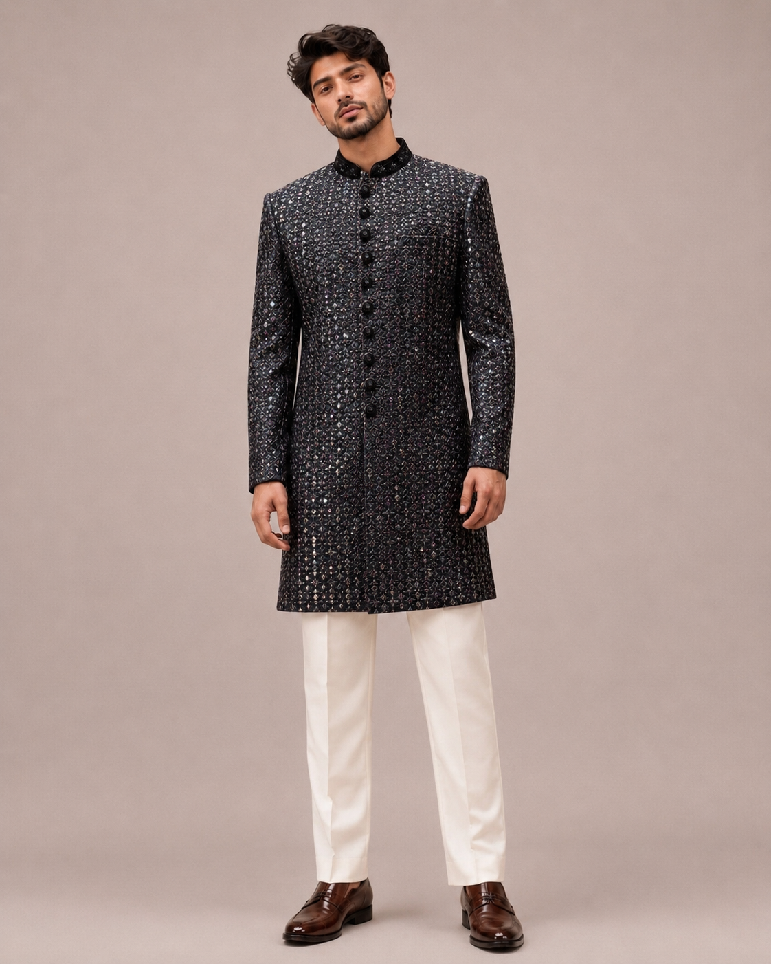 Black Silk Indo Western for Men with Gota Patti Work