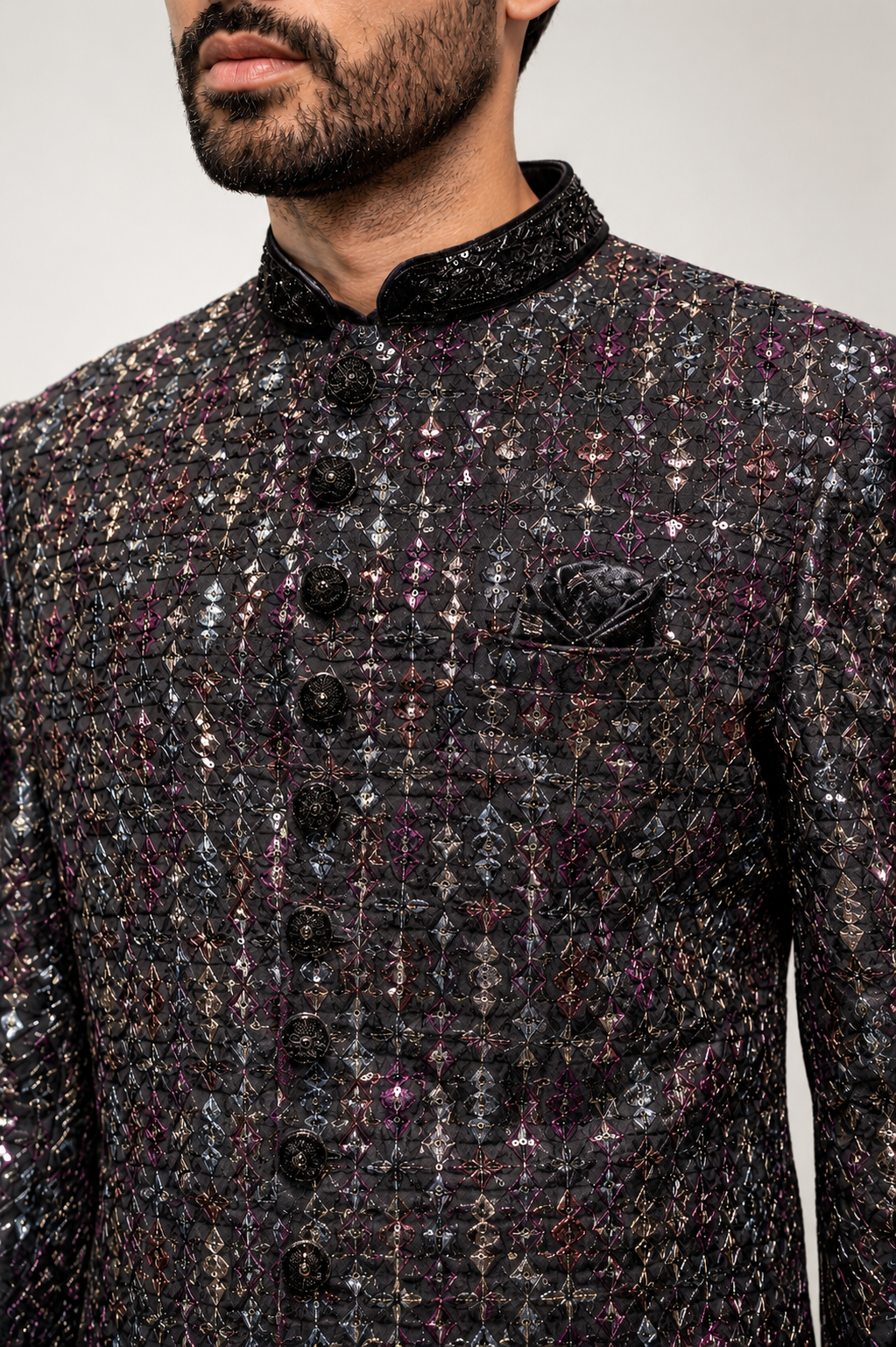Black Silk Indo Western for Men with Gota Patti Work