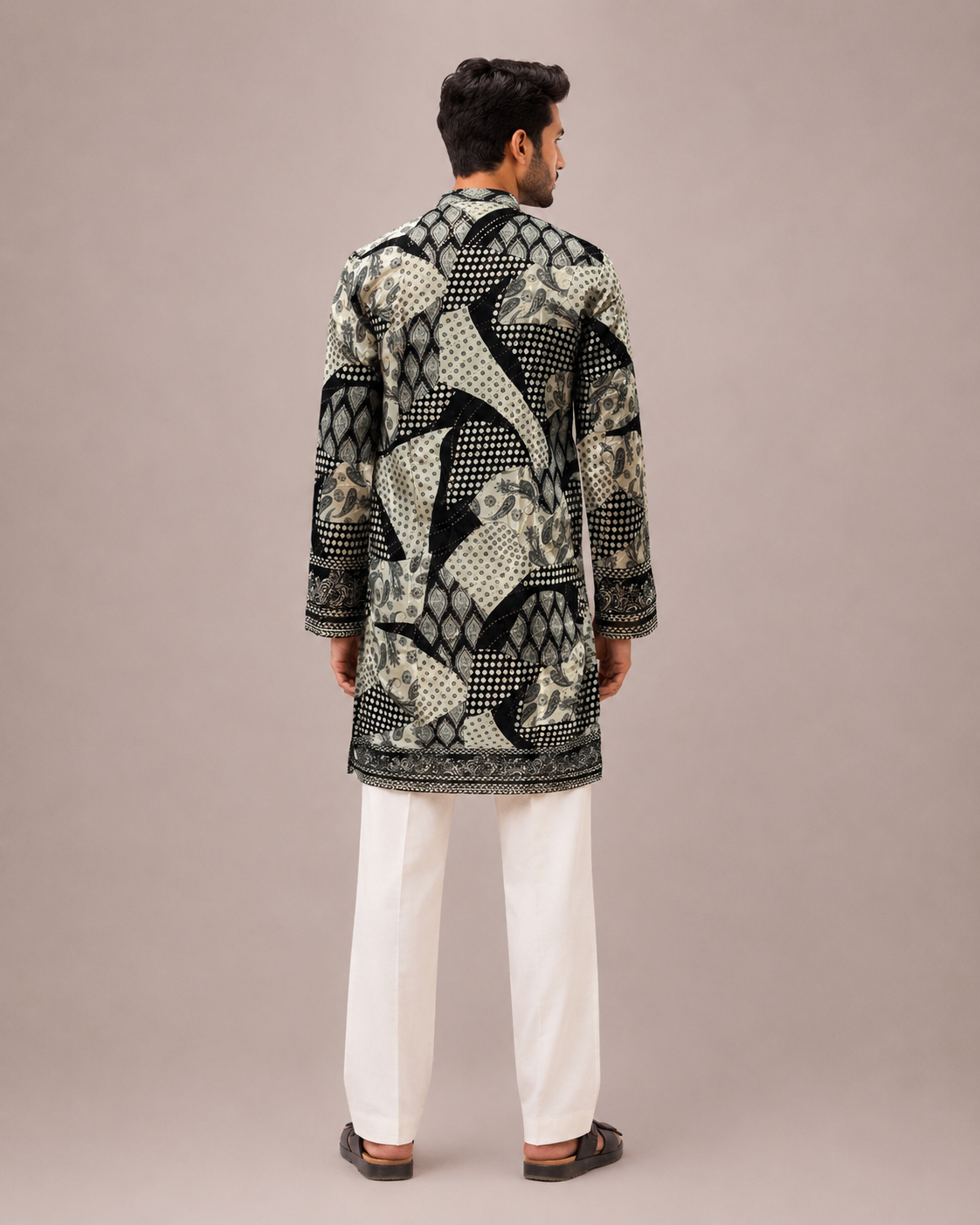 Black Silk Kurta Set with Artistic Print and Surface Work