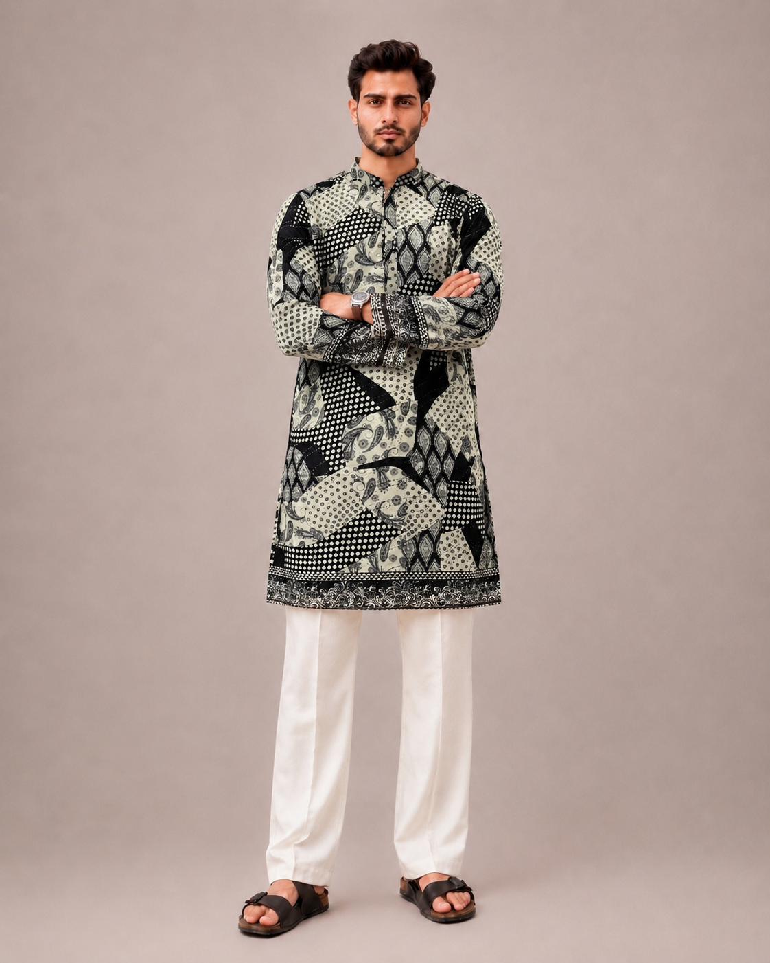 Black Silk Kurta Set with Artistic Print and Surface Work